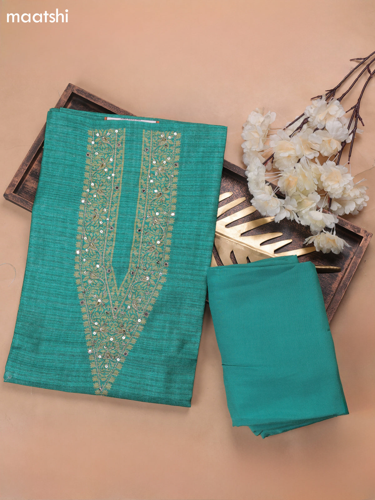 Green Munga Cotton Dress Material With Embroidery Work Neck Pattern