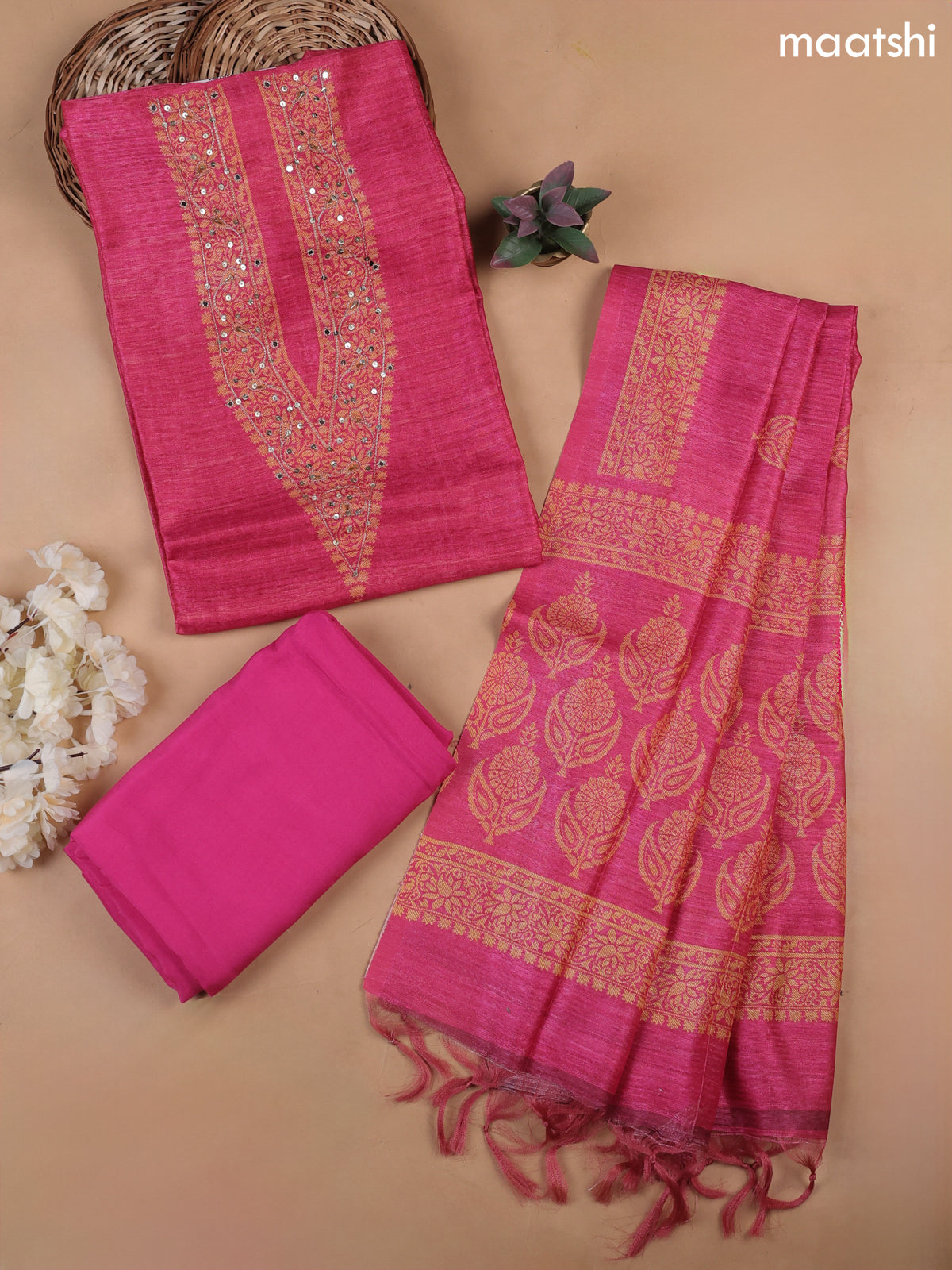 Pink Munga Cotton Dress Material With Embroidery Work Neck Pattern