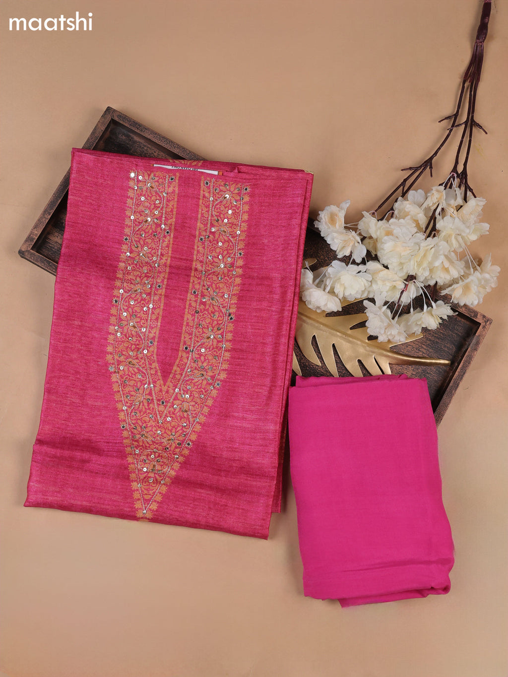 Pink Munga Cotton Dress Material With Embroidery Work Neck Pattern