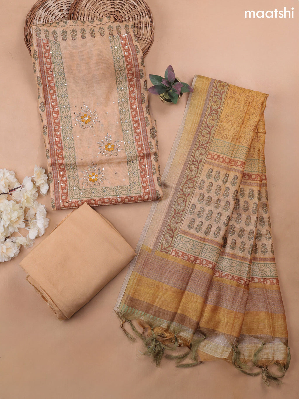 Sandal Munga Cotton Dress Material Withallover Butta Prints & Embroidery Work Neck Pattern