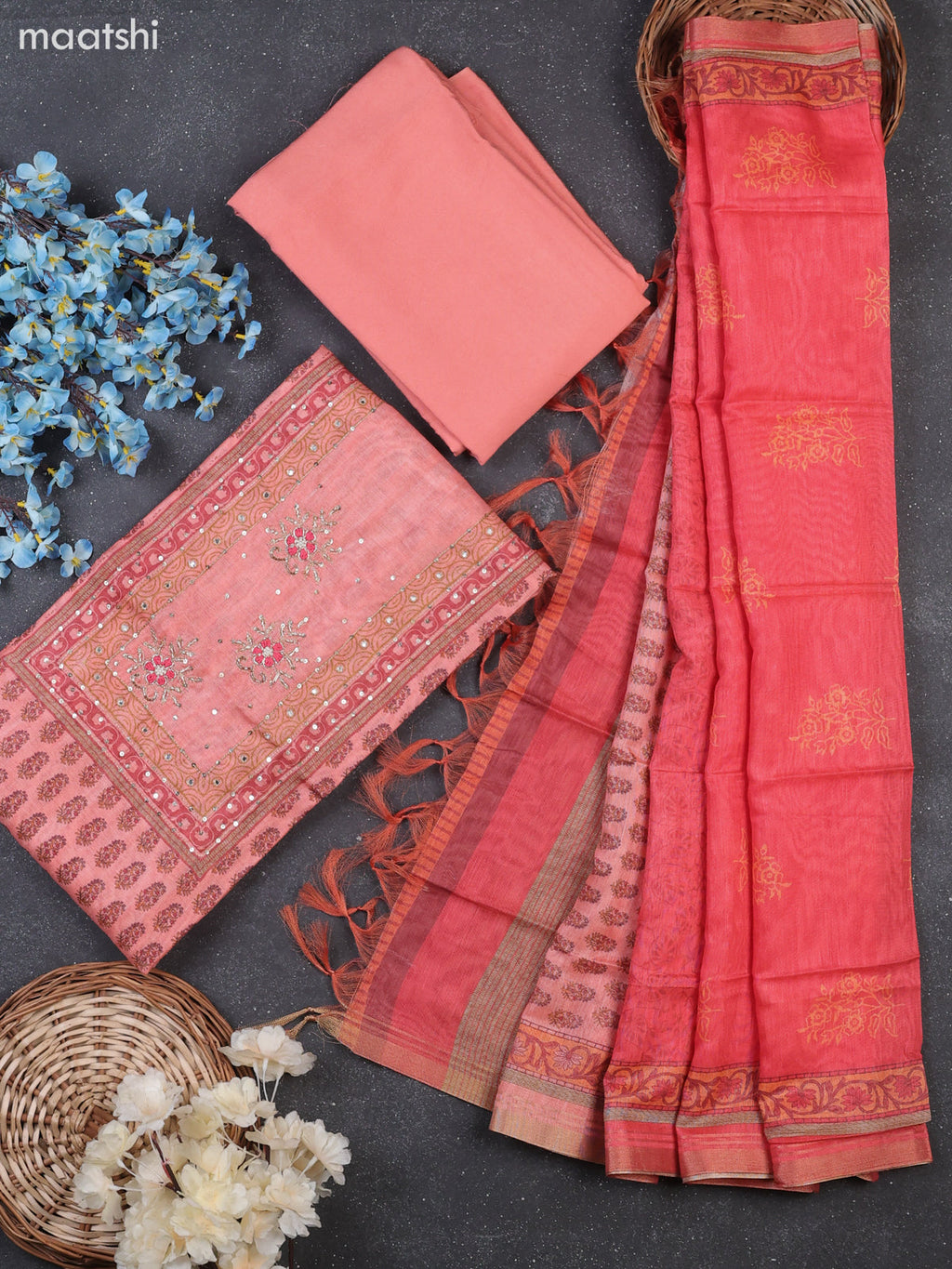 Dark Peach Munga Cotton Dress Material Withallover Butta Prints & Embroidery Work Neck Pattern