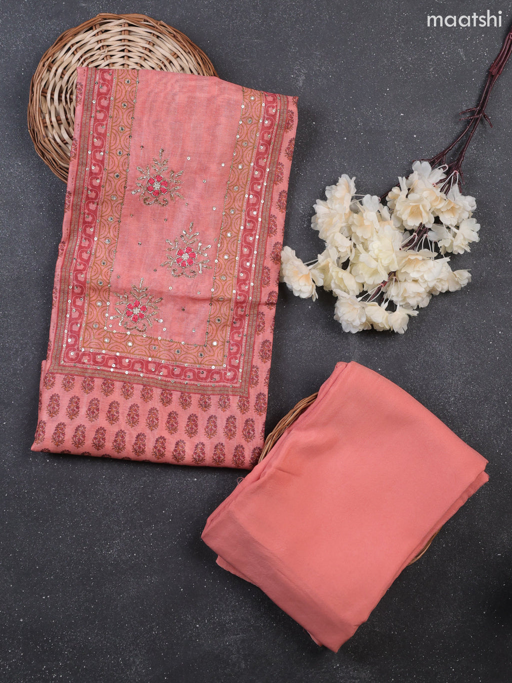 Dark Peach Munga Cotton Dress Material Withallover Butta Prints & Embroidery Work Neck Pattern