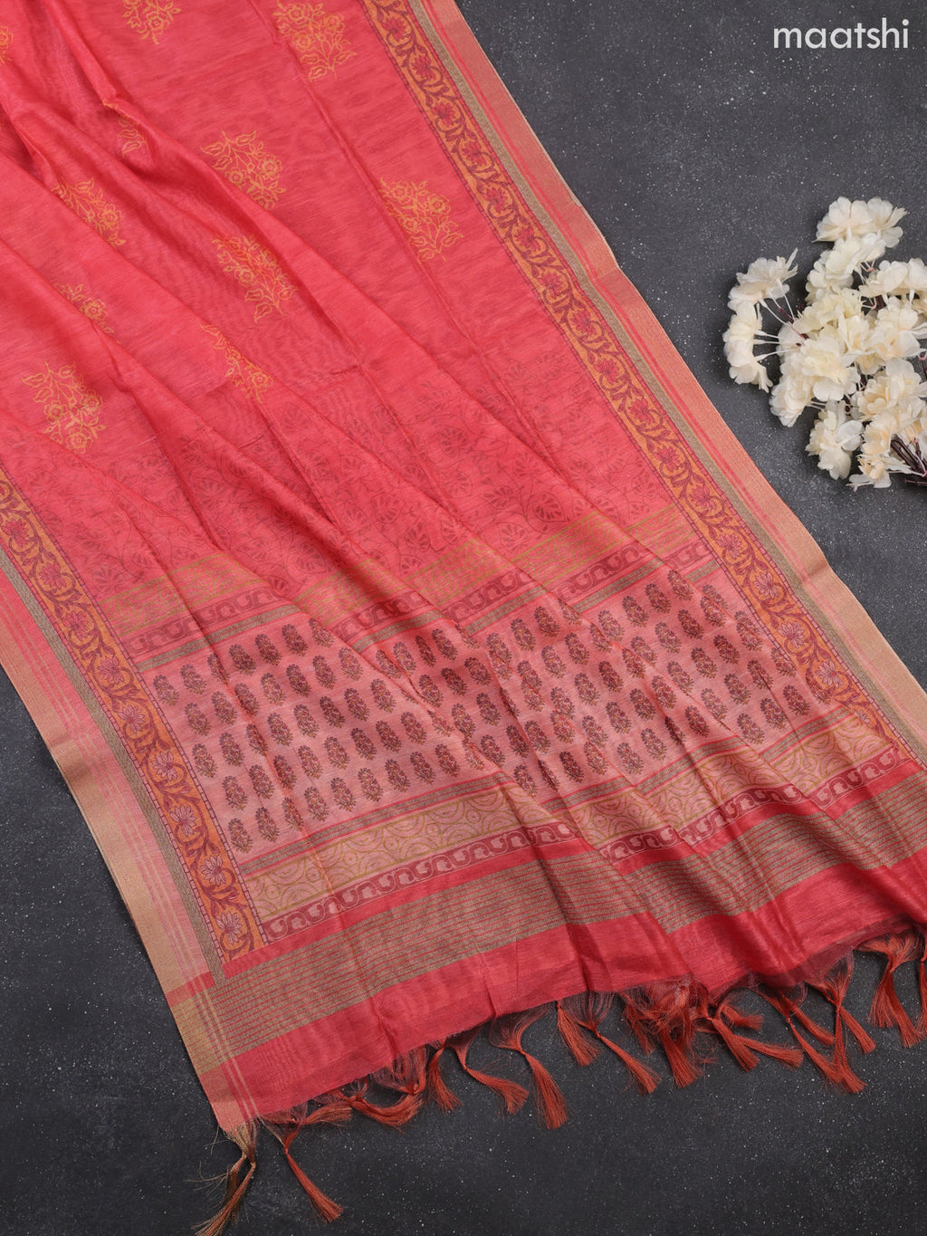 Dark Peach Munga Cotton Dress Material Withallover Butta Prints & Embroidery Work Neck Pattern