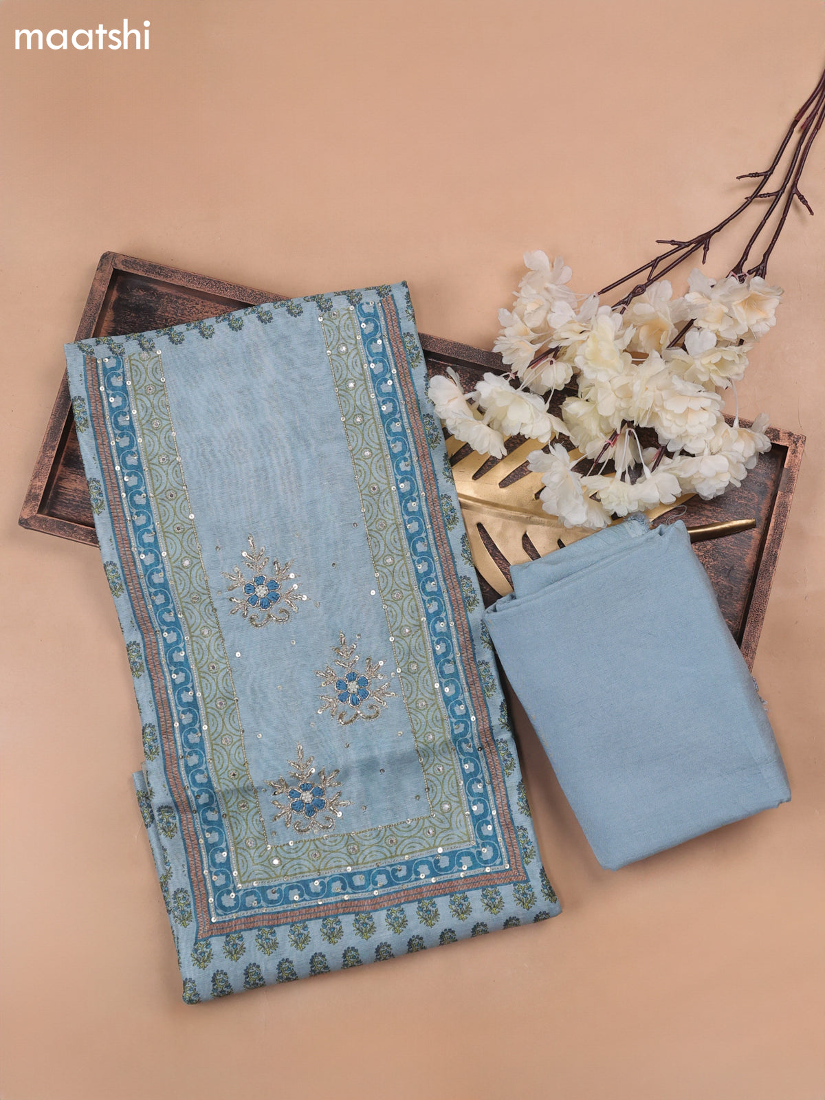 Blue Munga Cotton Dress Material Withallover Butta Prints & Embroidery Work Neck Pattern