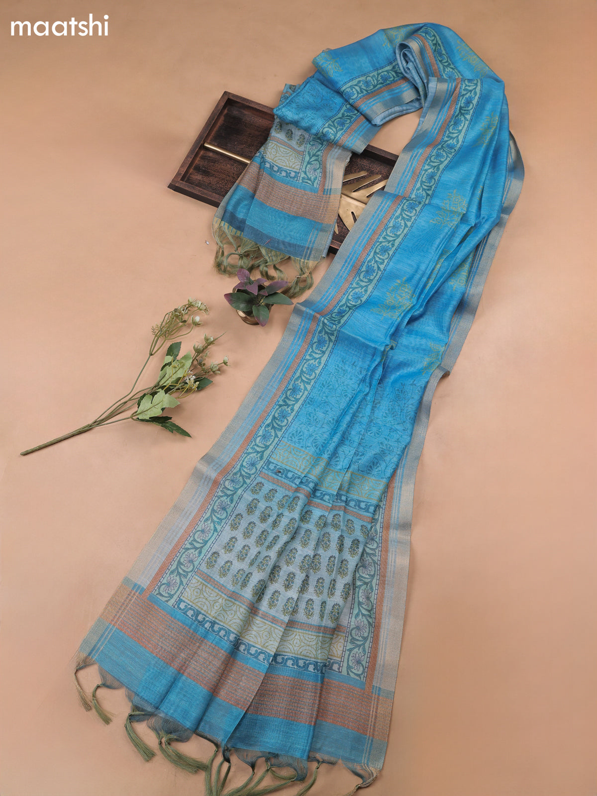 Blue Munga Cotton Dress Material Withallover Butta Prints & Embroidery Work Neck Pattern