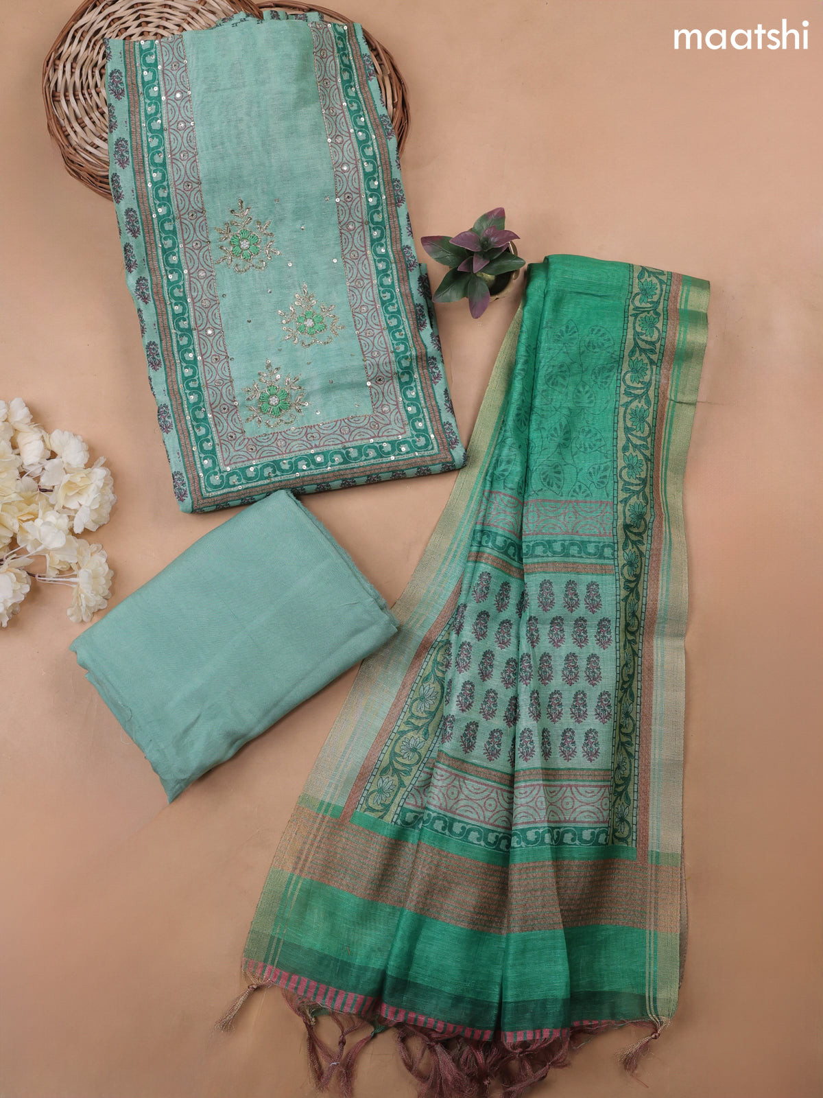 Green Munga Cotton Dress Material Withallover Butta Prints & Embroidery Work Neck Pattern