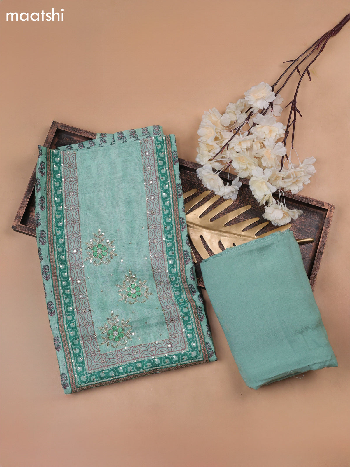 Green Munga Cotton Dress Material Withallover Butta Prints & Embroidery Work Neck Pattern