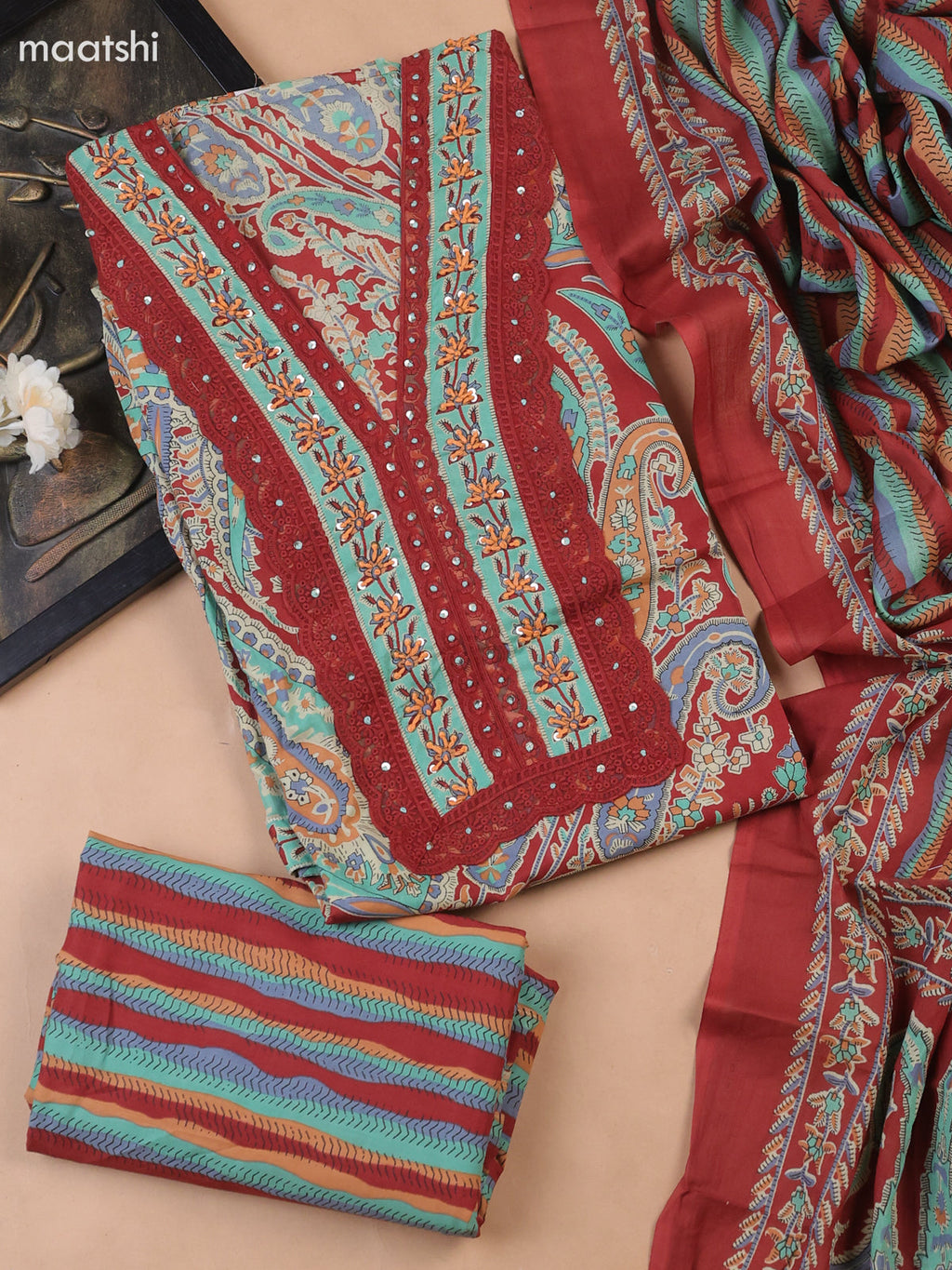 Maroon Cotton Dress Material With Floral Butta Prints