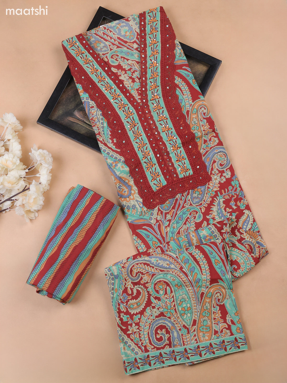 Maroon Cotton Dress Material With Floral Butta Prints