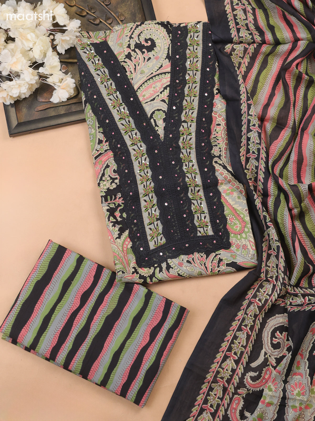 Black Cotton Dress Material With Floral Butta Prints
