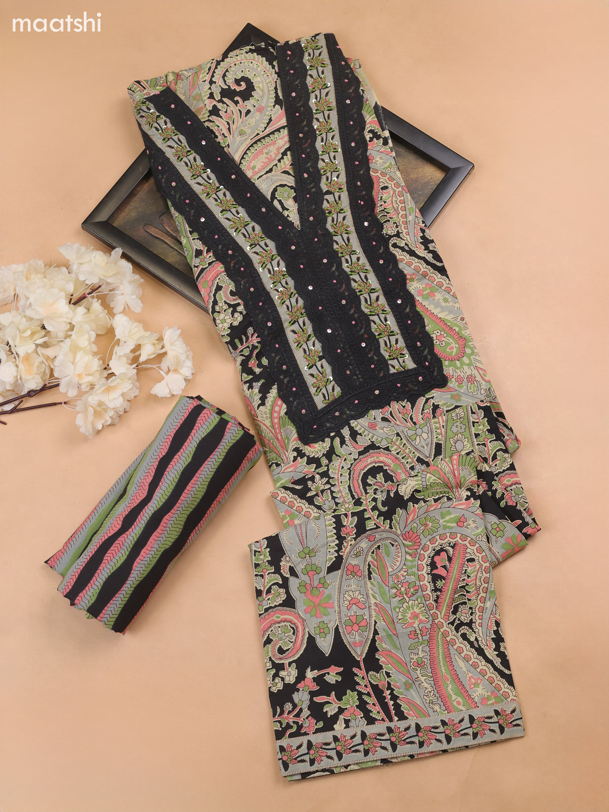 Black Cotton Dress Material With Floral Butta Prints