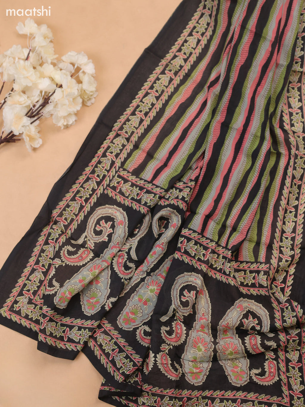 Black Cotton Dress Material With Floral Butta Prints