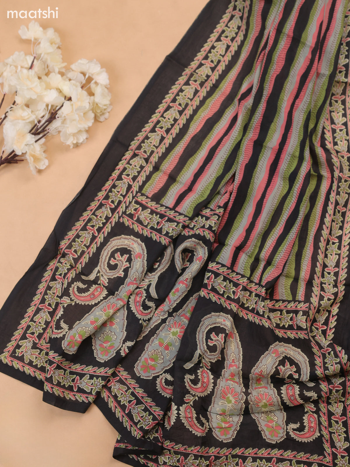 Black Cotton Dress Material With Floral Butta Prints