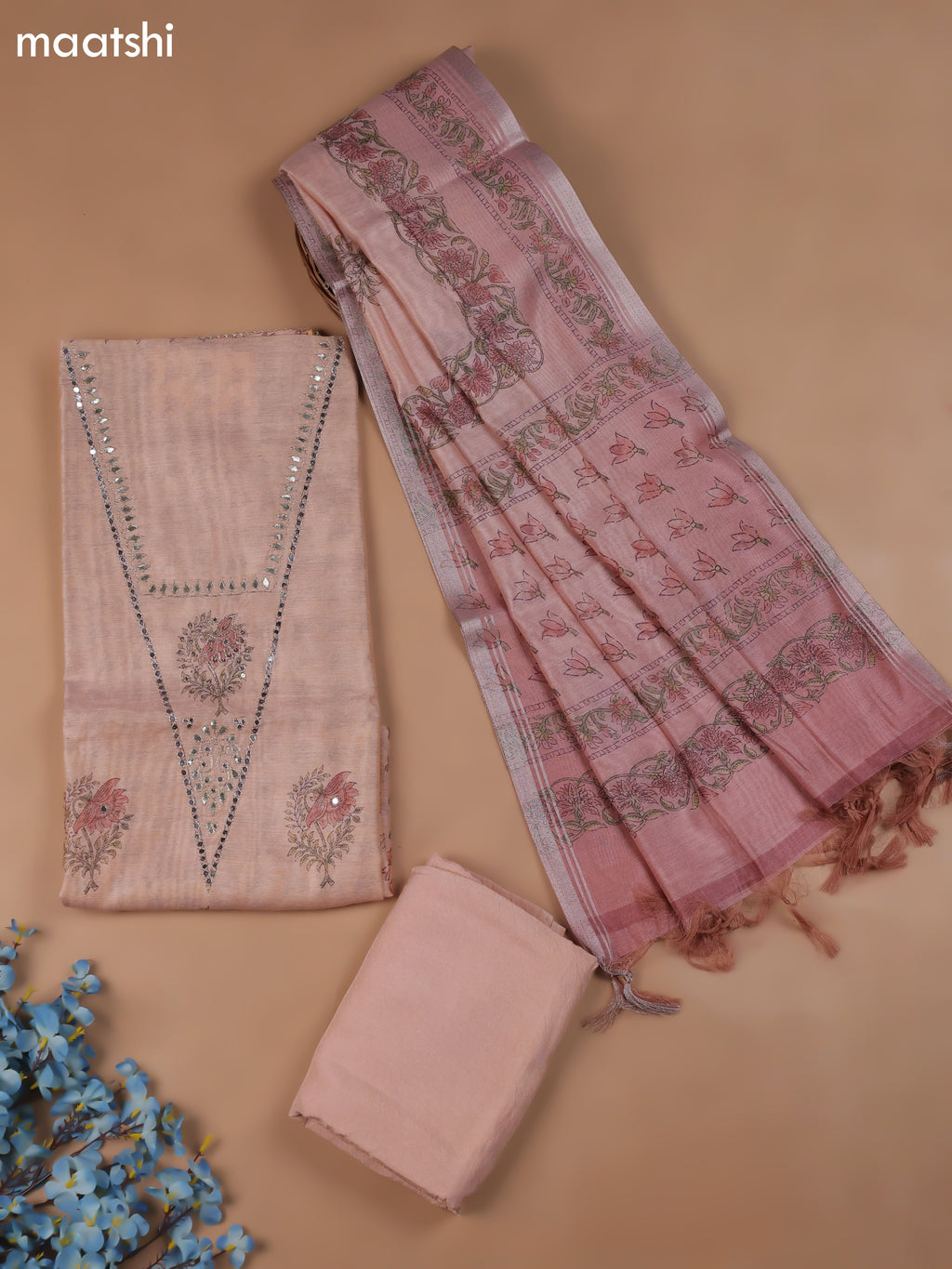 Peach Chanderi Dress Material With Butta Prints & Pitta Work Neck Pattern and Bottom & Dupatta