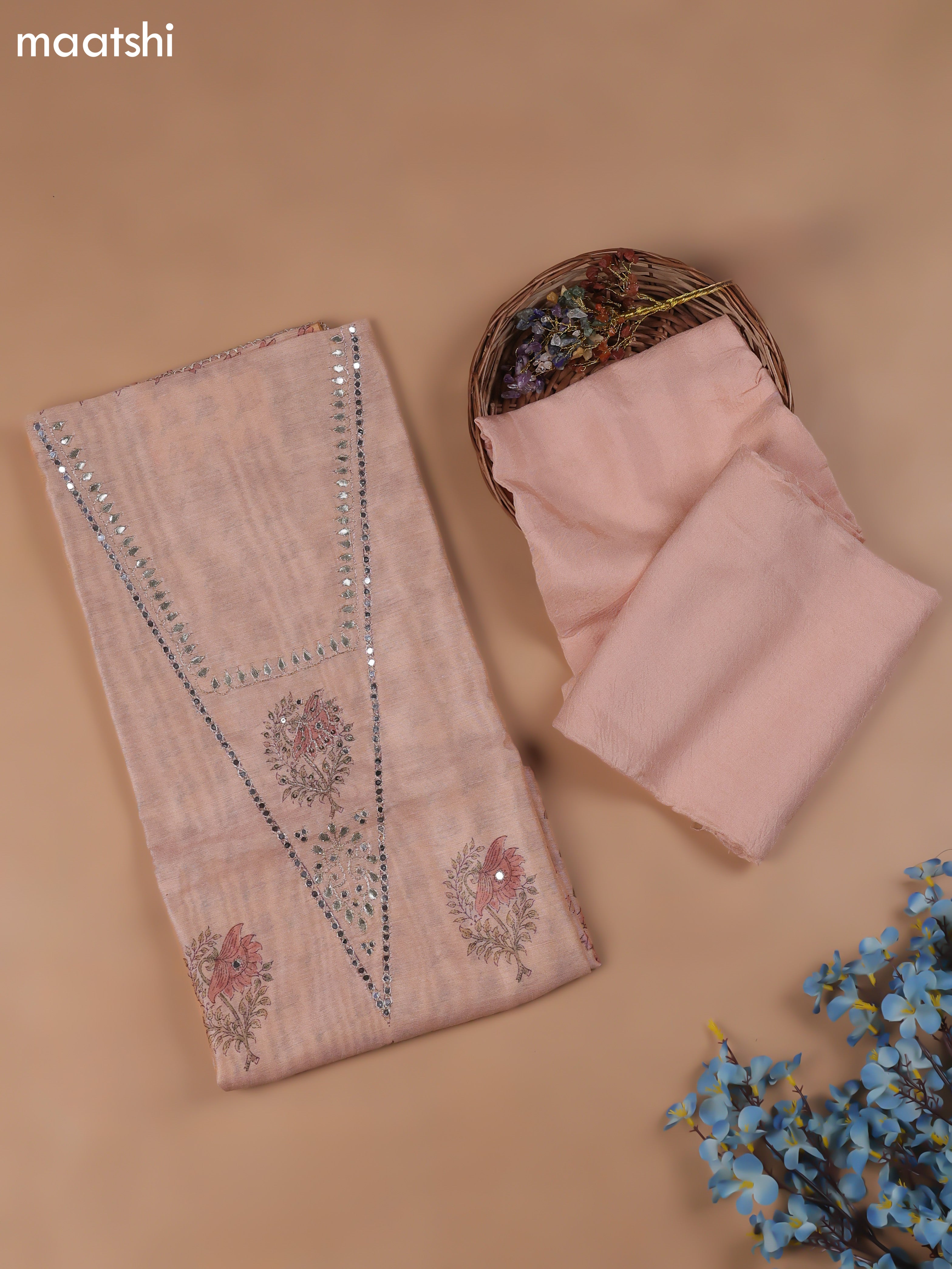 Peach Chanderi Dress Material With Butta Prints & Pitta Work Neck Pattern and Bottom & Dupatta