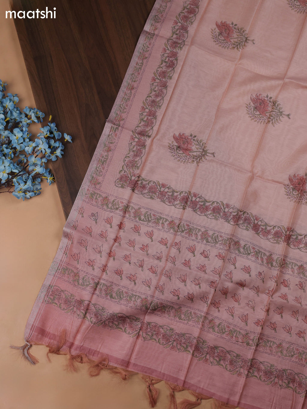 Peach Chanderi Dress Material With Butta Prints & Pitta Work Neck Pattern and Bottom & Dupatta