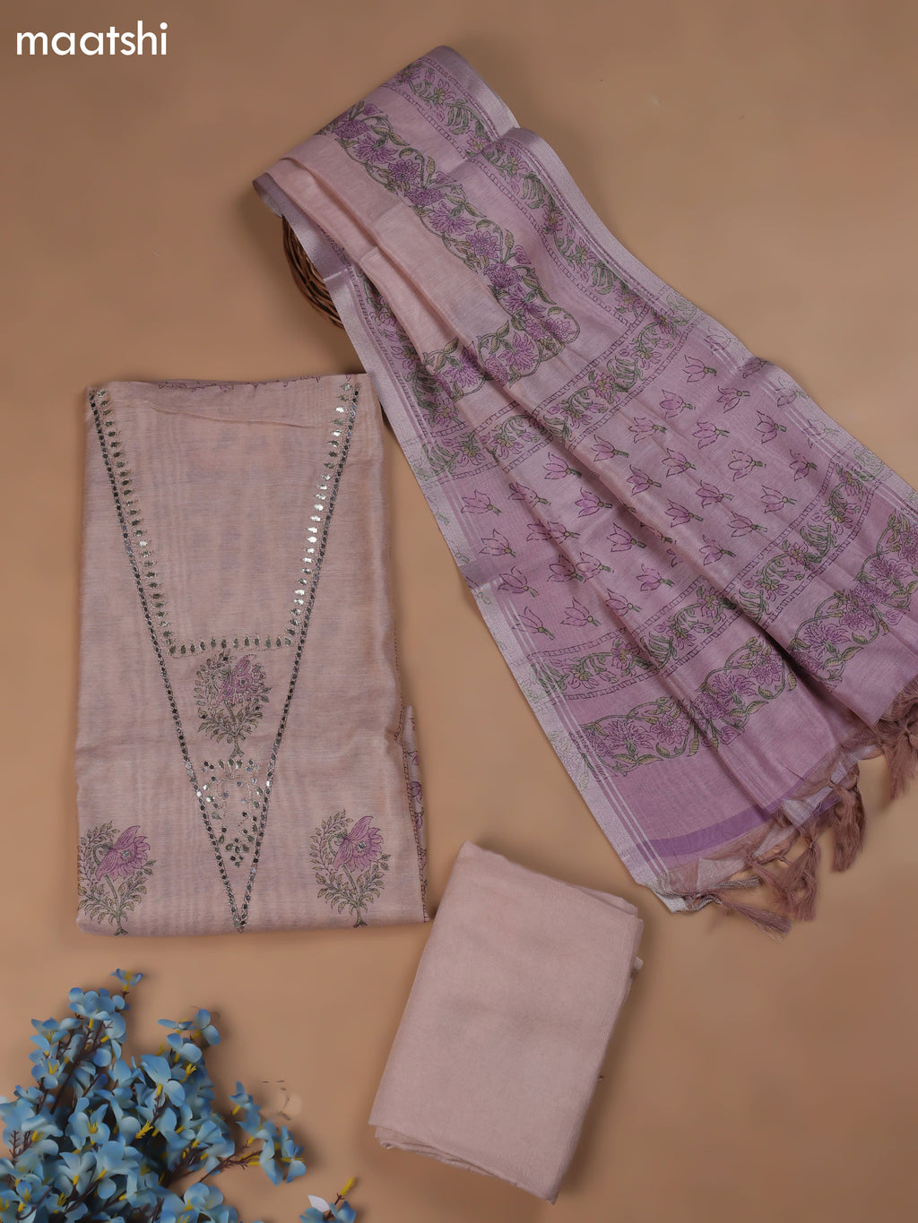 Pastel Pink Chanderi Dress Material With Butta Prints & Pitta Work Neck Pattern and Bottom & Dupatta