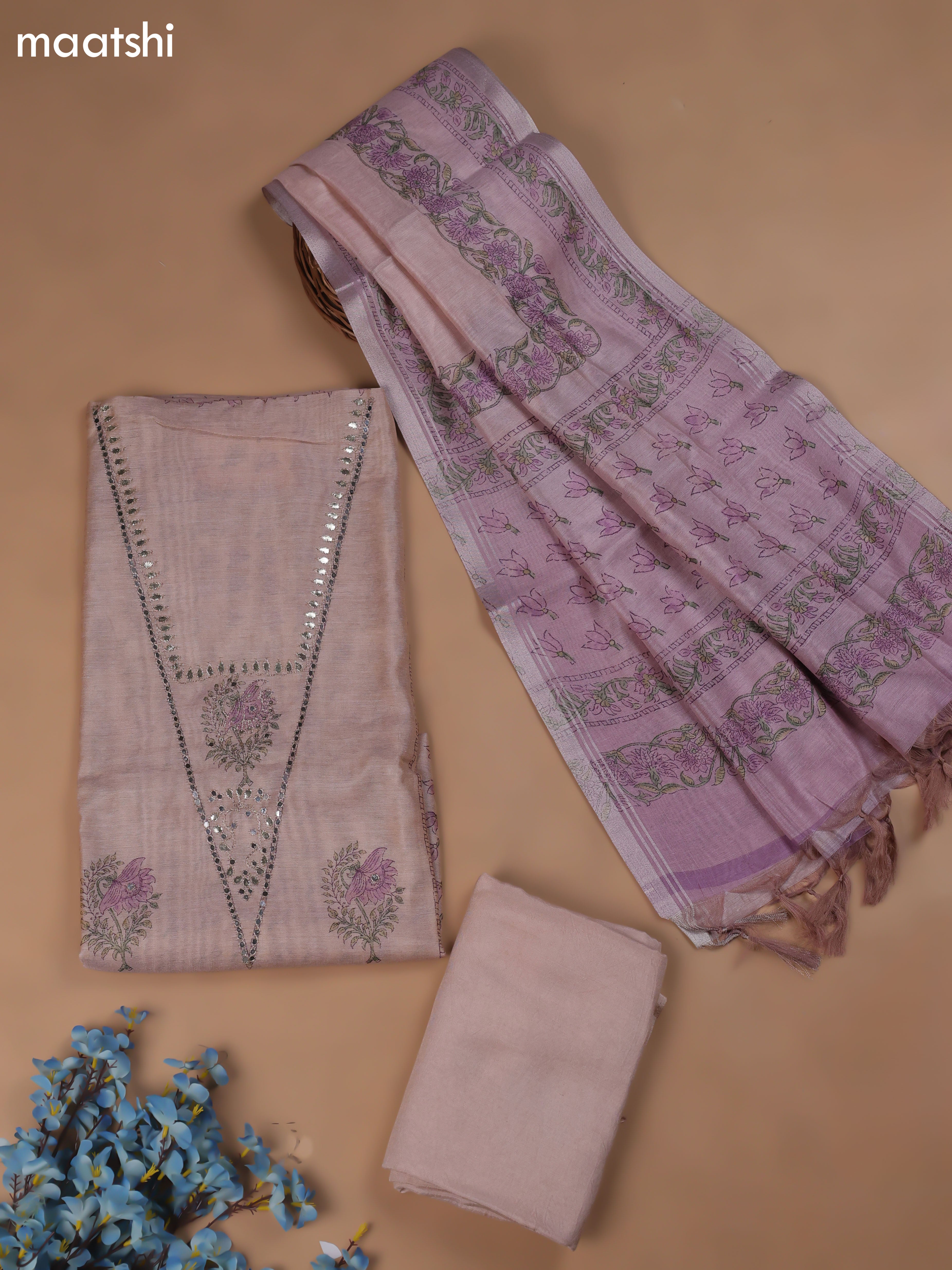 Pastel Pink Chanderi Dress Material With Butta Prints & Pitta Work Neck Pattern and Bottom & Dupatta