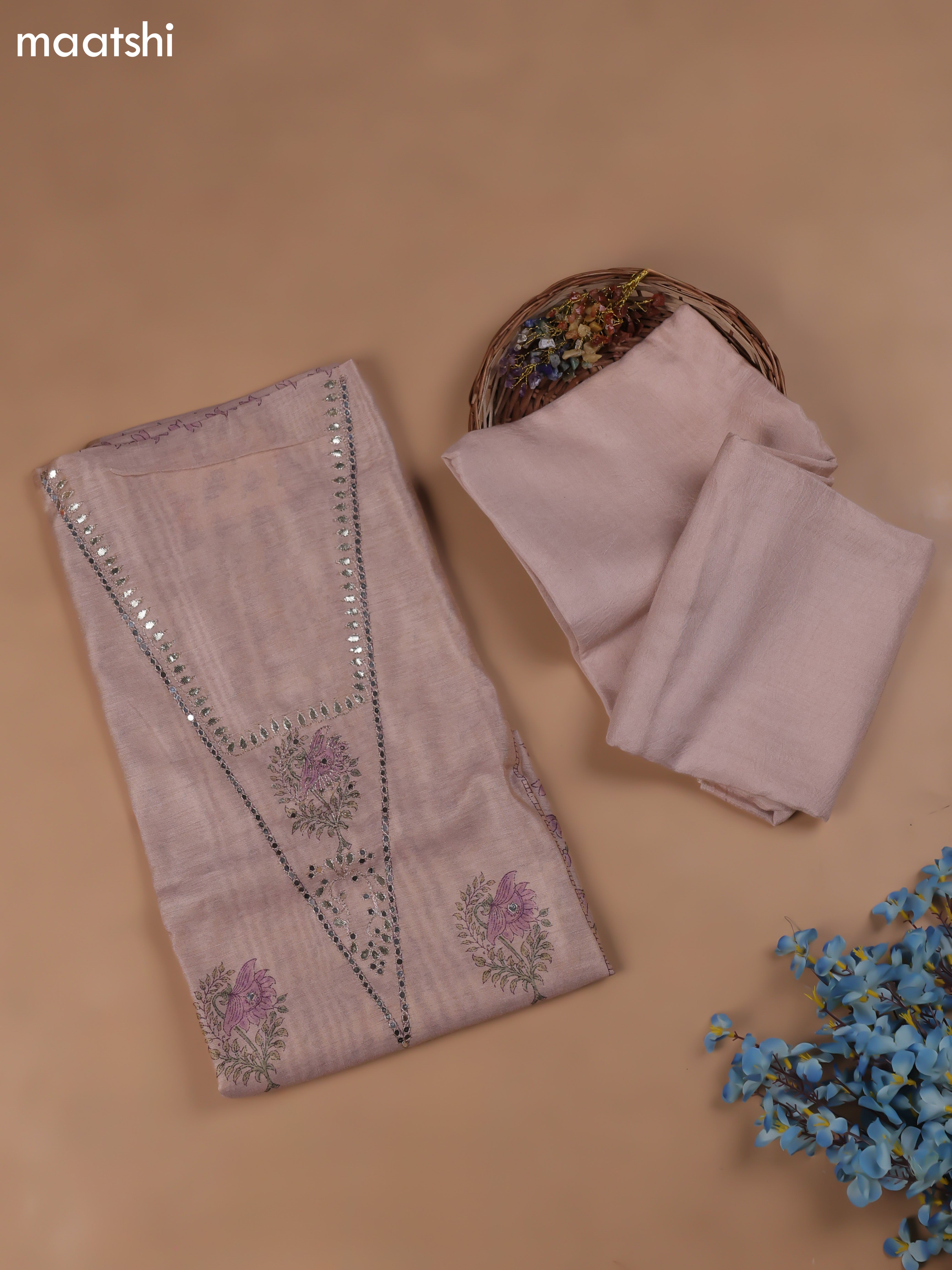 Pastel Pink Chanderi Dress Material With Butta Prints & Pitta Work Neck Pattern and Bottom & Dupatta