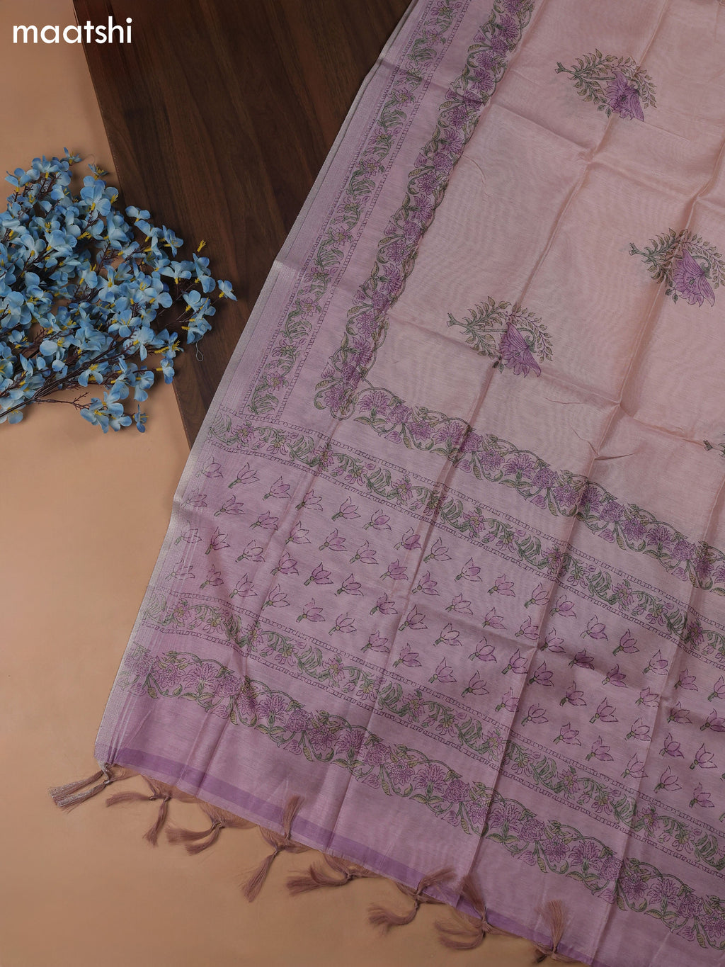 Pastel Pink Chanderi Dress Material With Butta Prints & Pitta Work Neck Pattern and Bottom & Dupatta