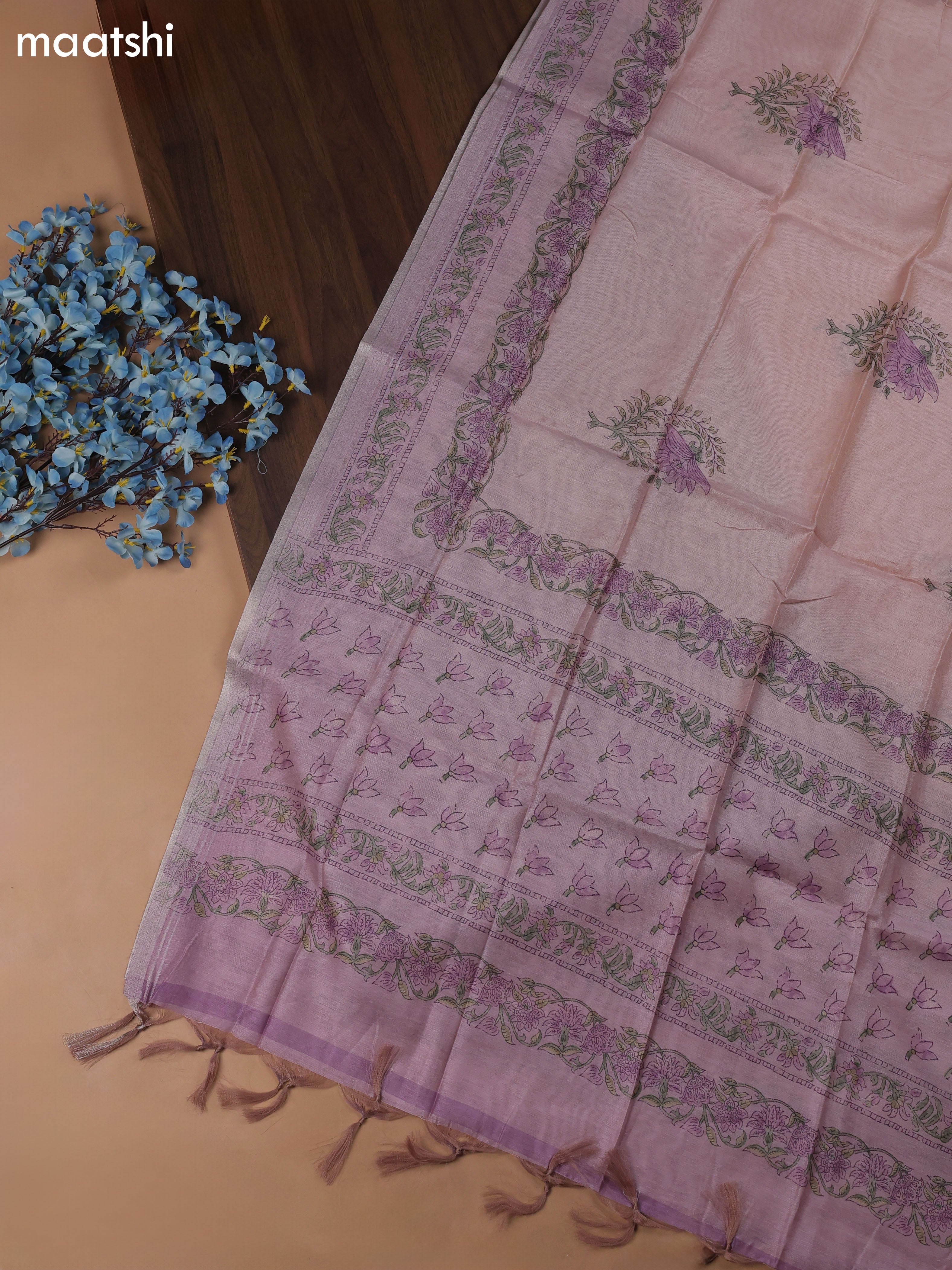 Pastel Pink Chanderi Dress Material With Butta Prints & Pitta Work Neck Pattern and Bottom & Dupatta