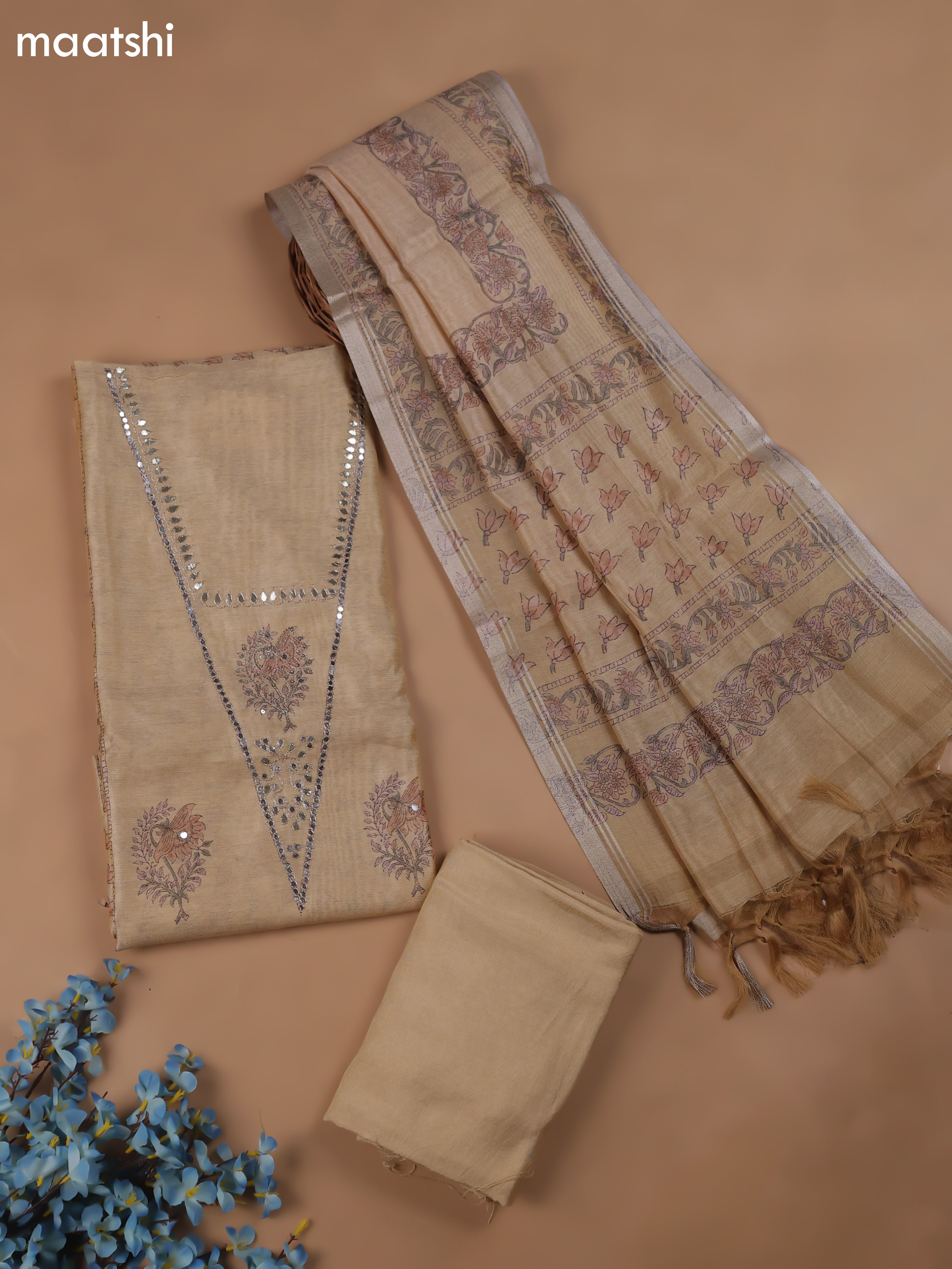 Sandal Chanderi Dress Material With Butta Prints & Pitta Work Neck Pattern and Bottom & Dupatta