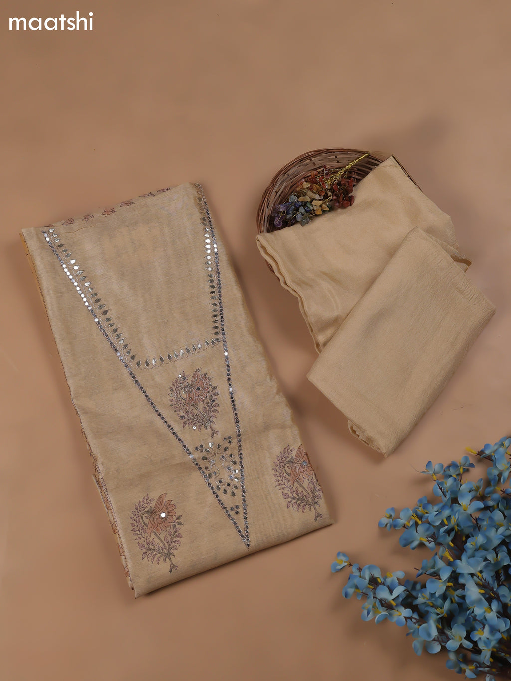 Sandal Chanderi Dress Material With Butta Prints & Pitta Work Neck Pattern and Bottom & Dupatta