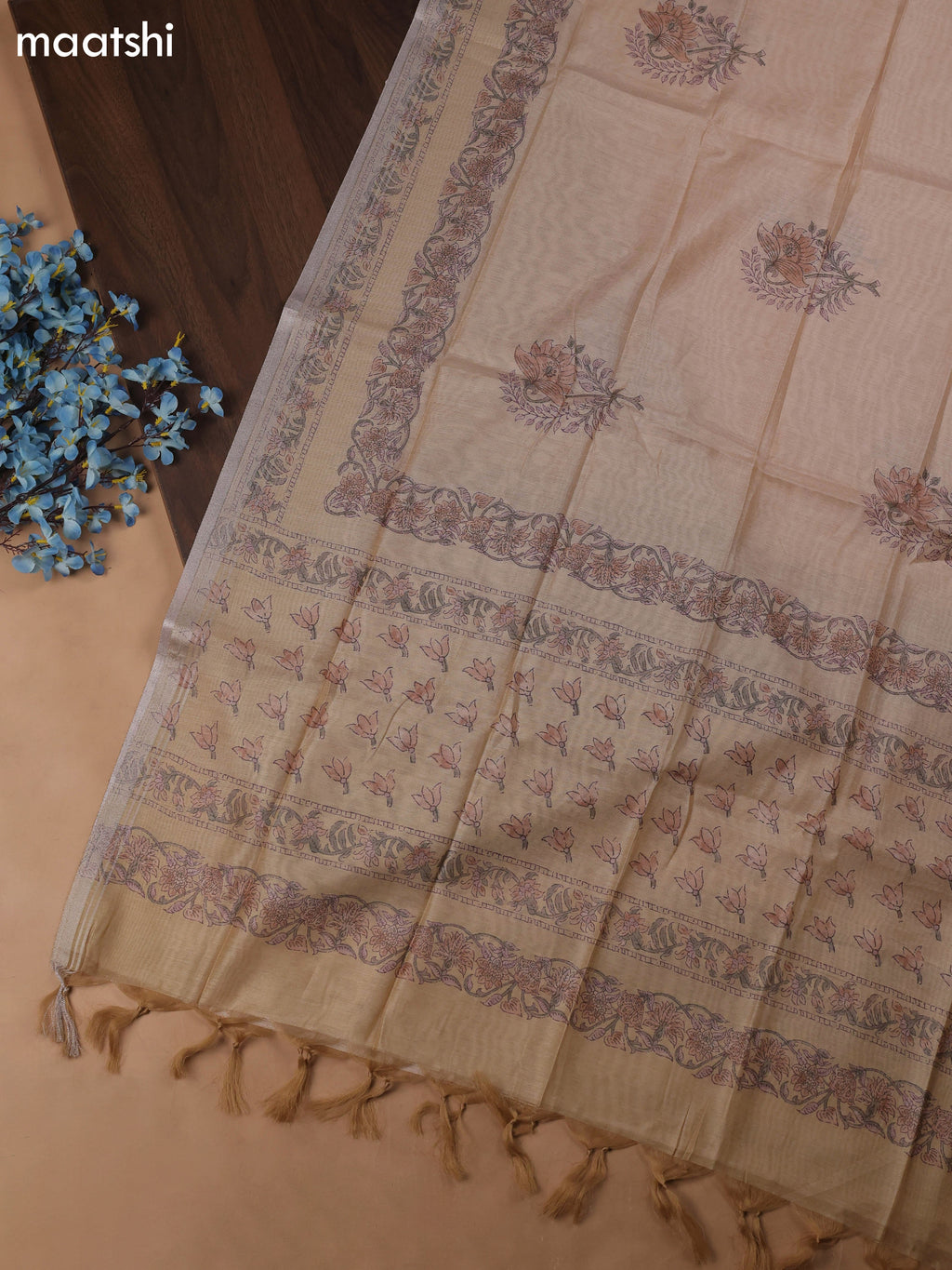 Sandal Chanderi Dress Material With Butta Prints & Pitta Work Neck Pattern and Bottom & Dupatta