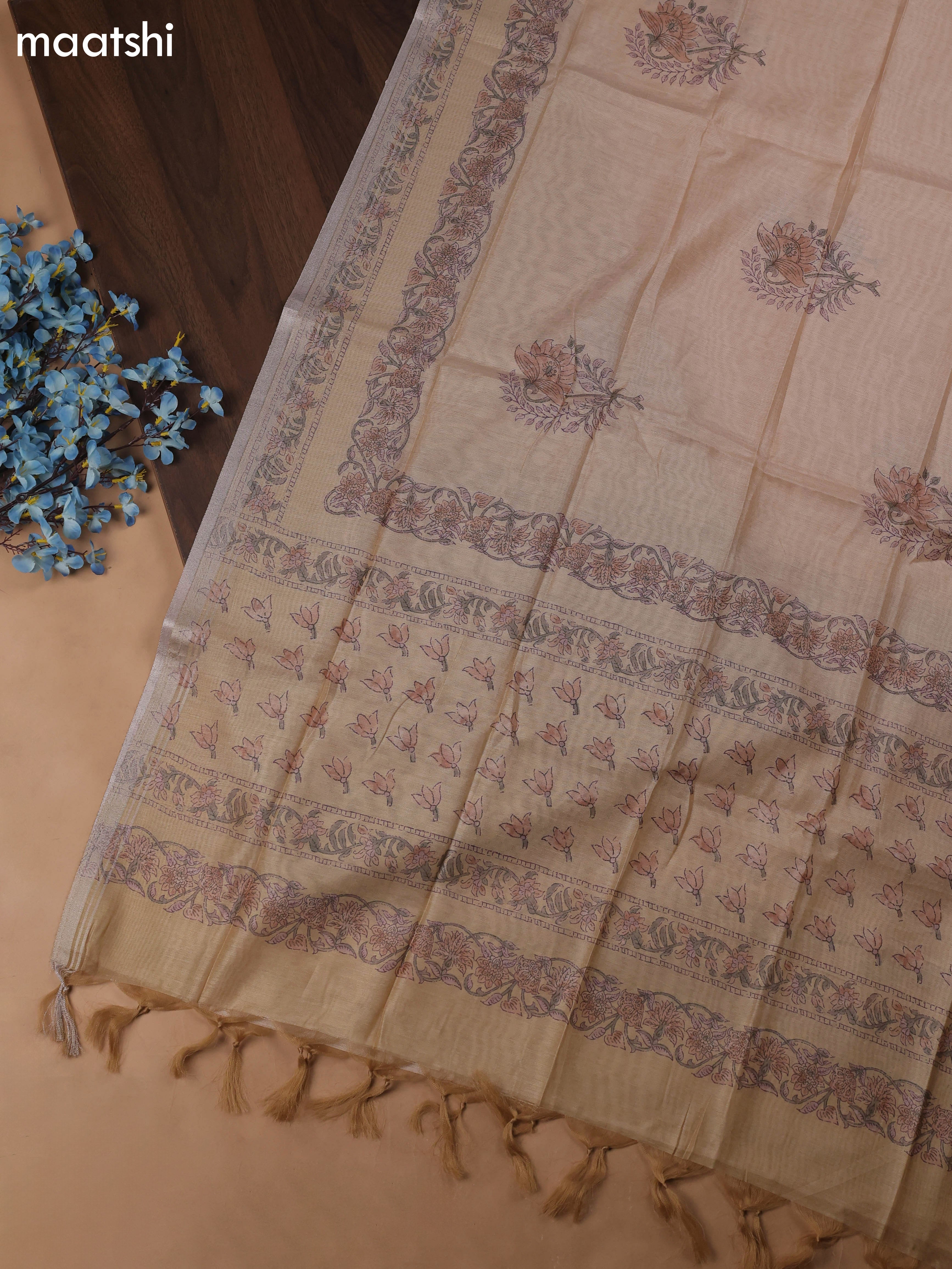 Sandal Chanderi Dress Material With Butta Prints & Pitta Work Neck Pattern and Bottom & Dupatta