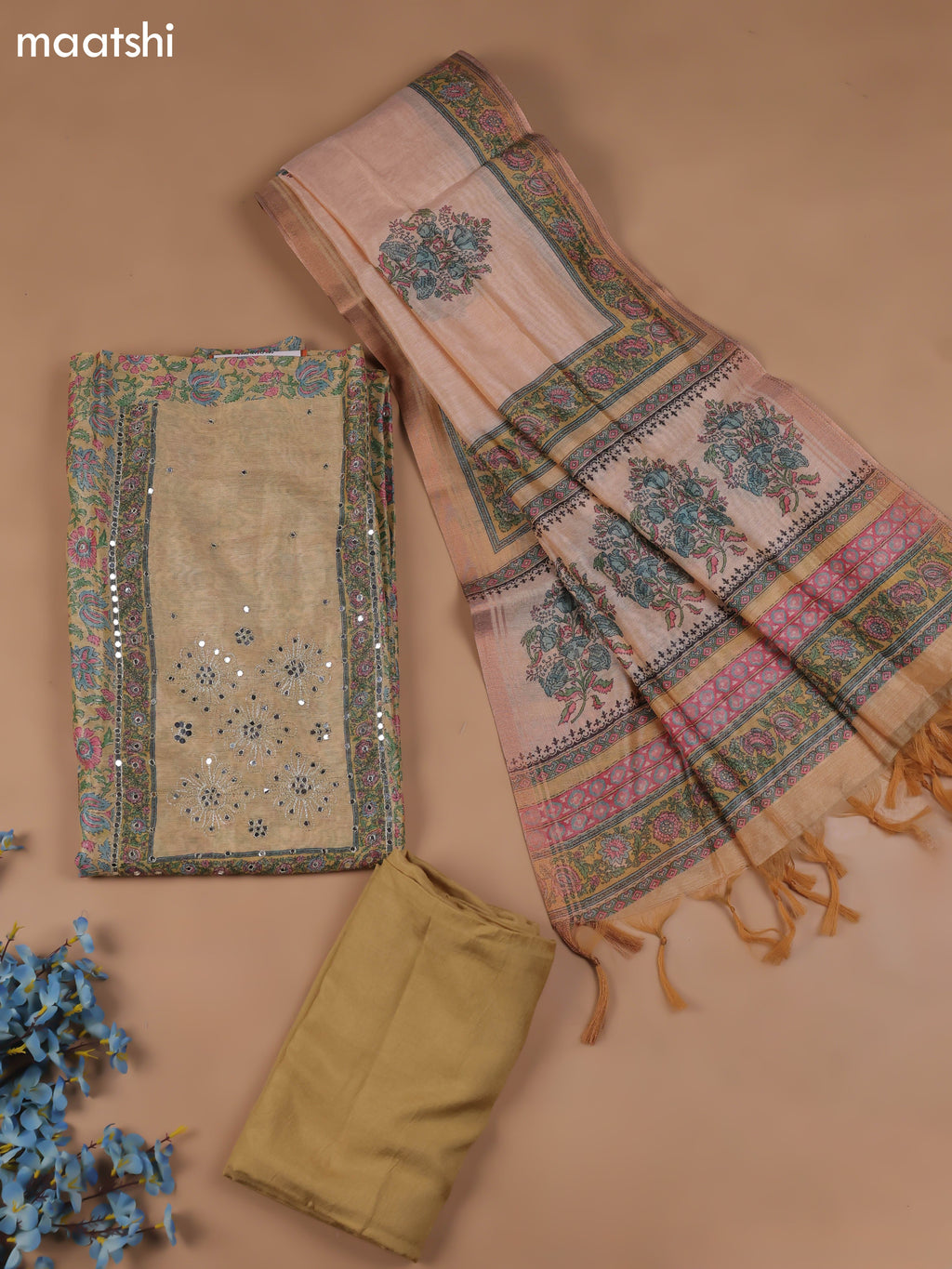 Sandal Chanderi Dress Material With Floral Prints & Pitta Work Neck Pattern and Bottom & Dupatta