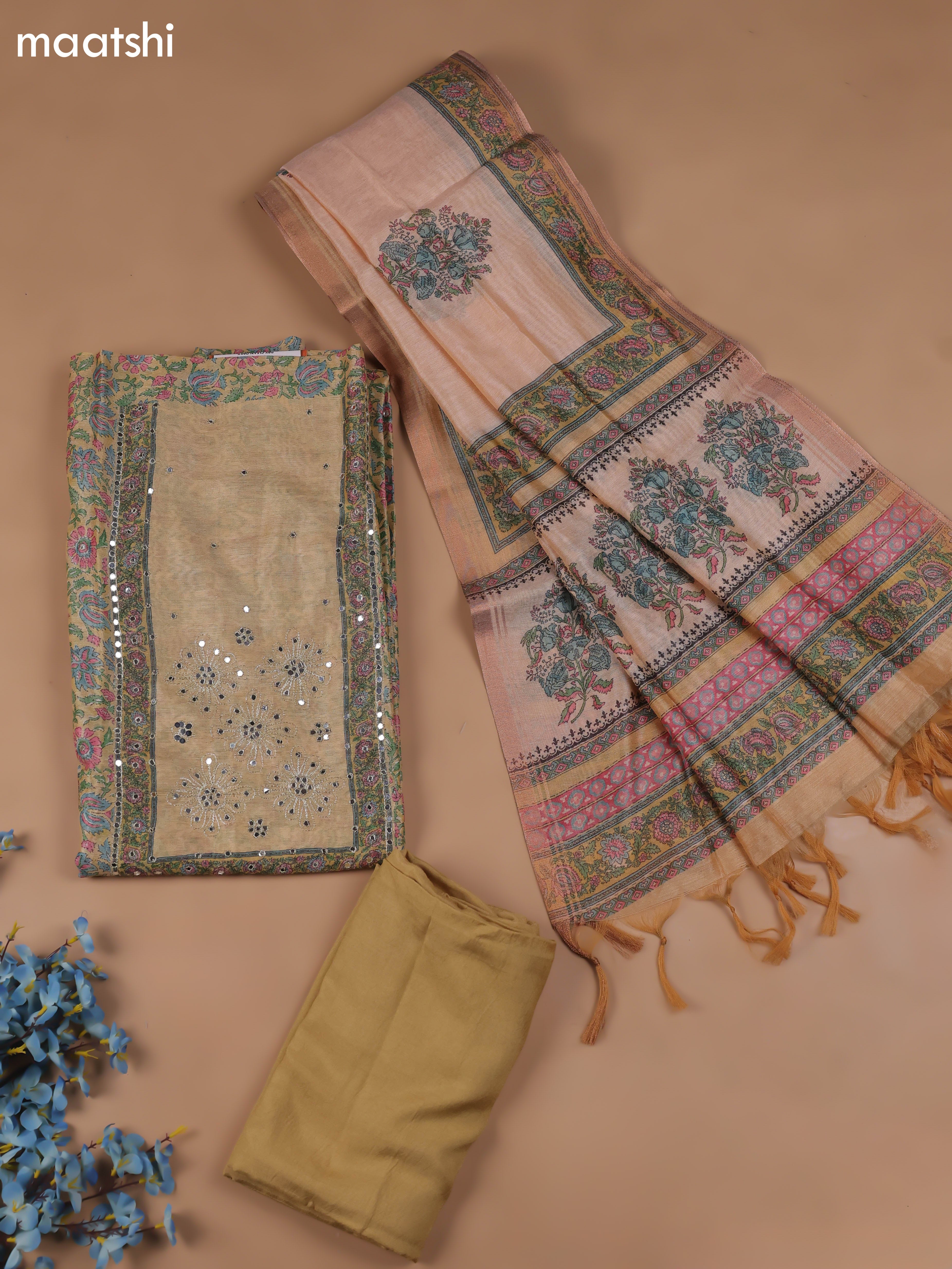 Sandal Chanderi Dress Material With Floral Prints & Pitta Work Neck Pattern and Bottom & Dupatta