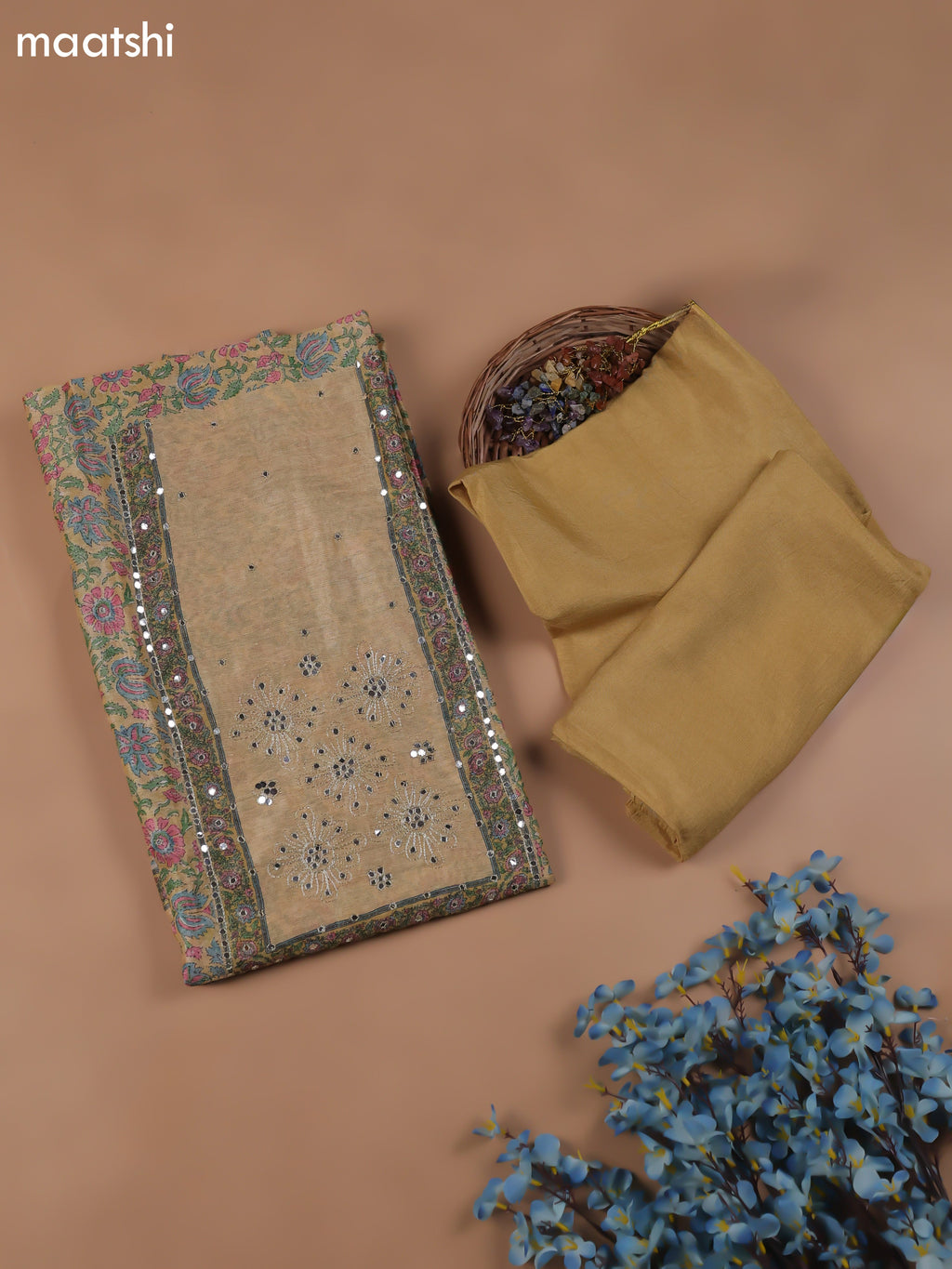 Sandal Chanderi Dress Material With Floral Prints & Pitta Work Neck Pattern and Bottom & Dupatta
