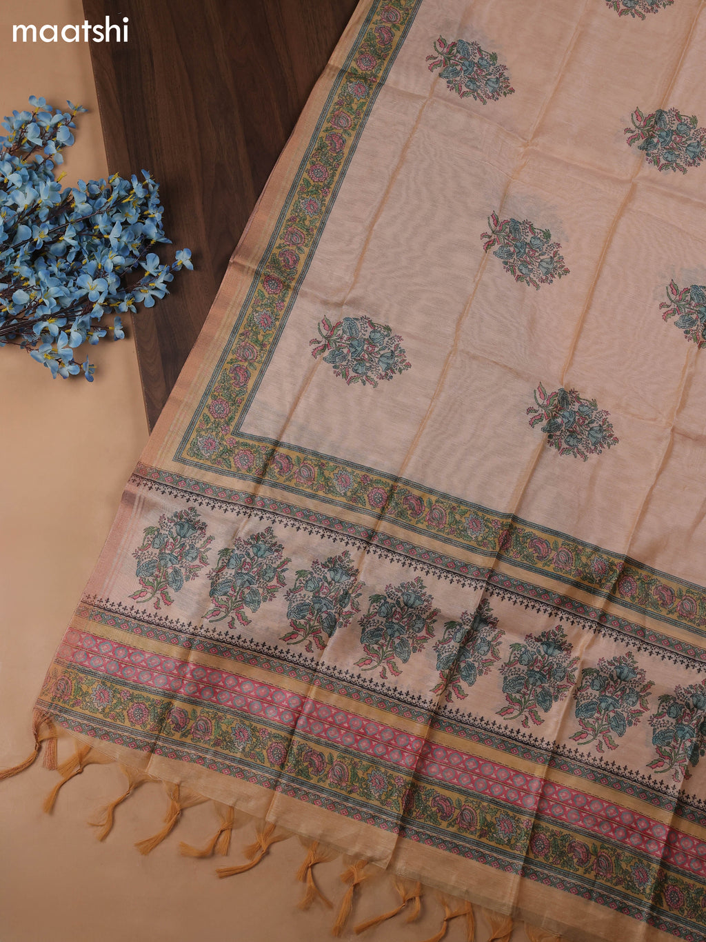 Sandal Chanderi Dress Material With Floral Prints & Pitta Work Neck Pattern and Bottom & Dupatta