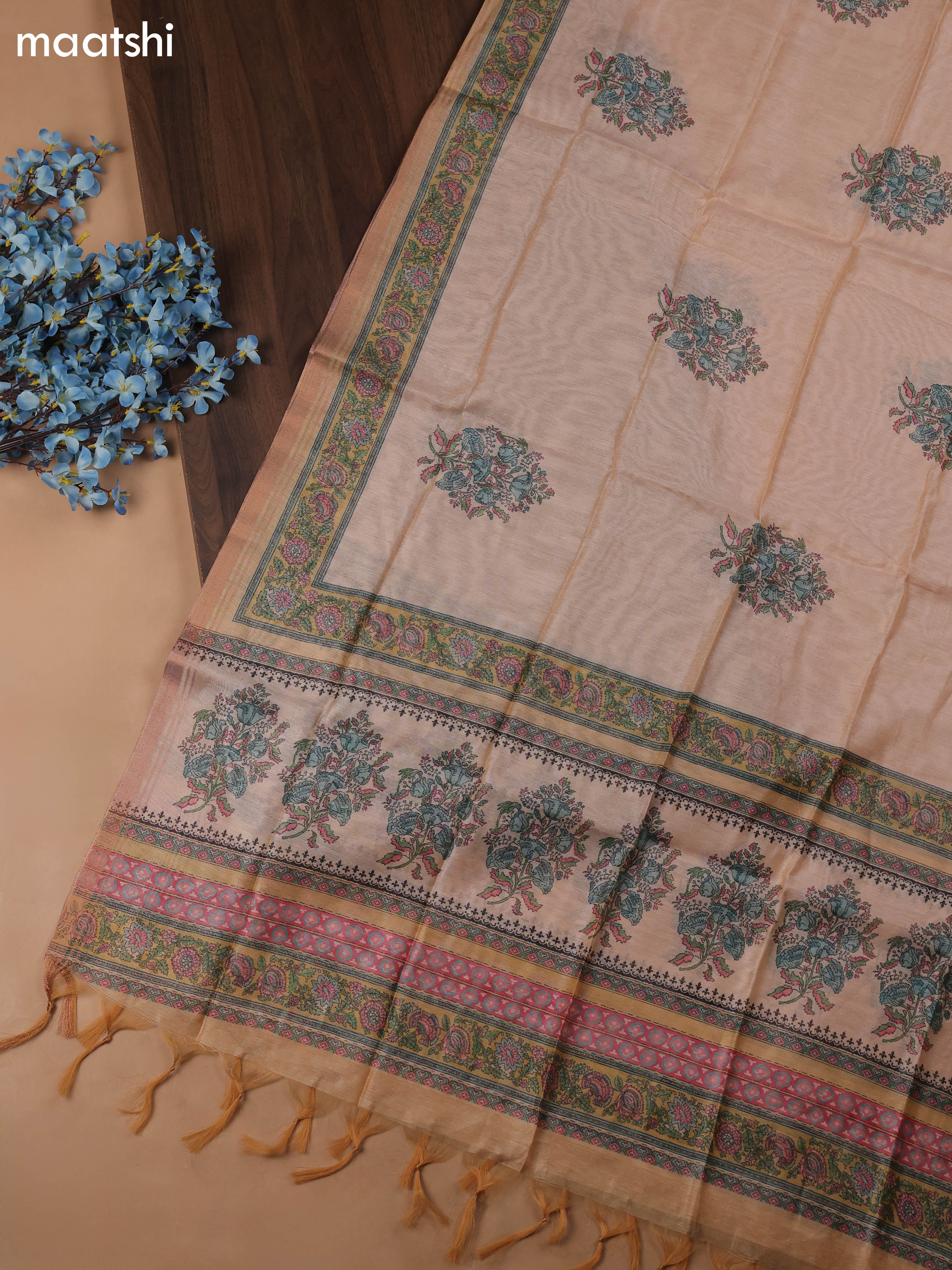 Sandal Chanderi Dress Material With Floral Prints & Pitta Work Neck Pattern and Bottom & Dupatta