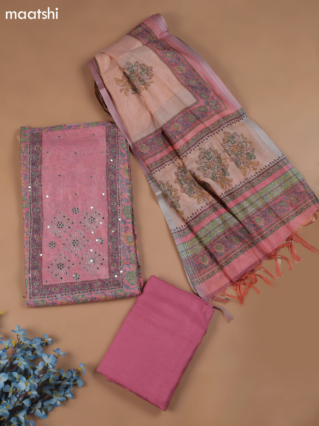 Pink Chanderi Dress Material With Floral Prints & Pitta Work Neck Pattern and Bottom & Dupatta