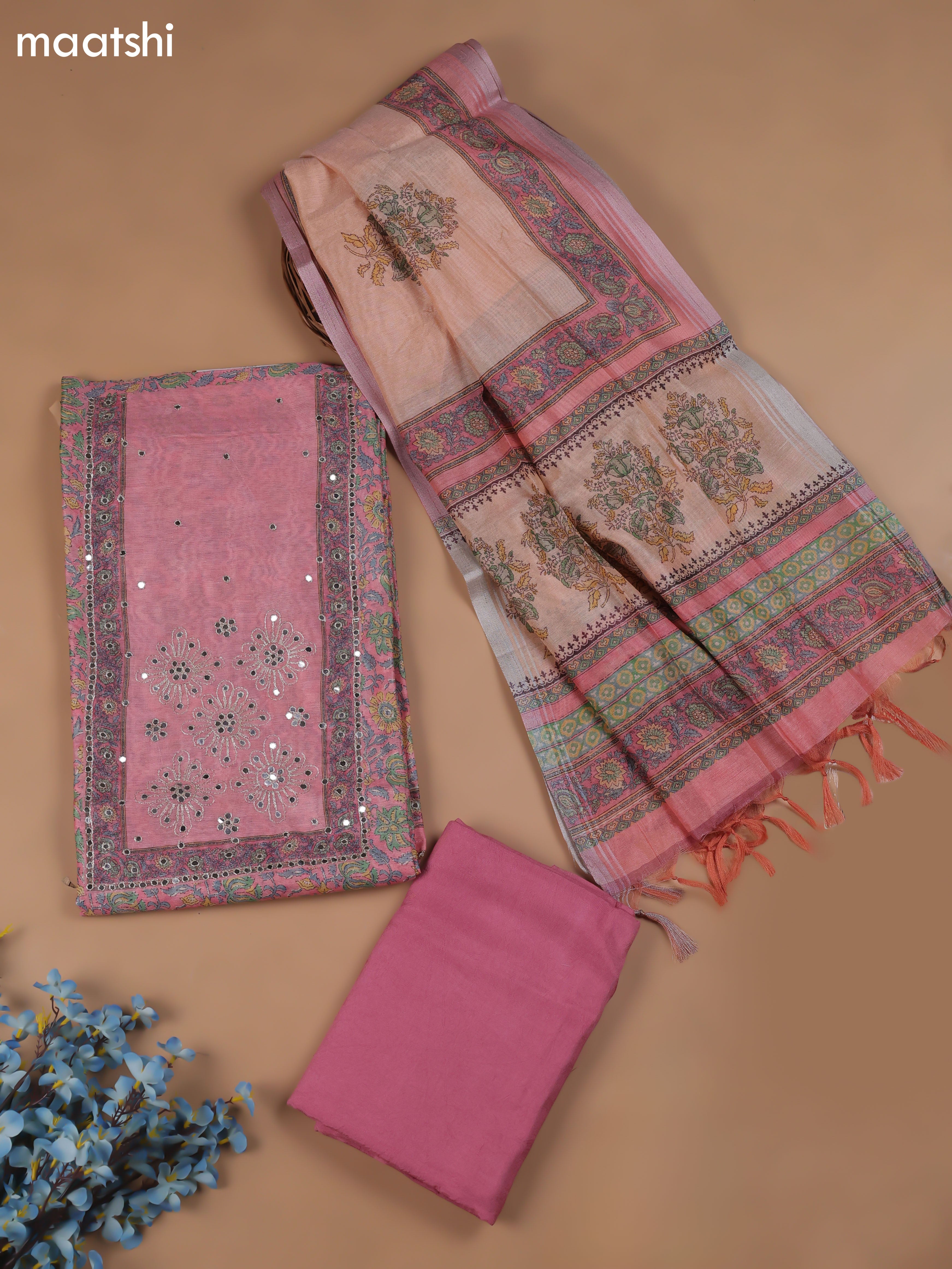 Pink Chanderi Dress Material With Floral Prints & Pitta Work Neck Pattern and Bottom & Dupatta