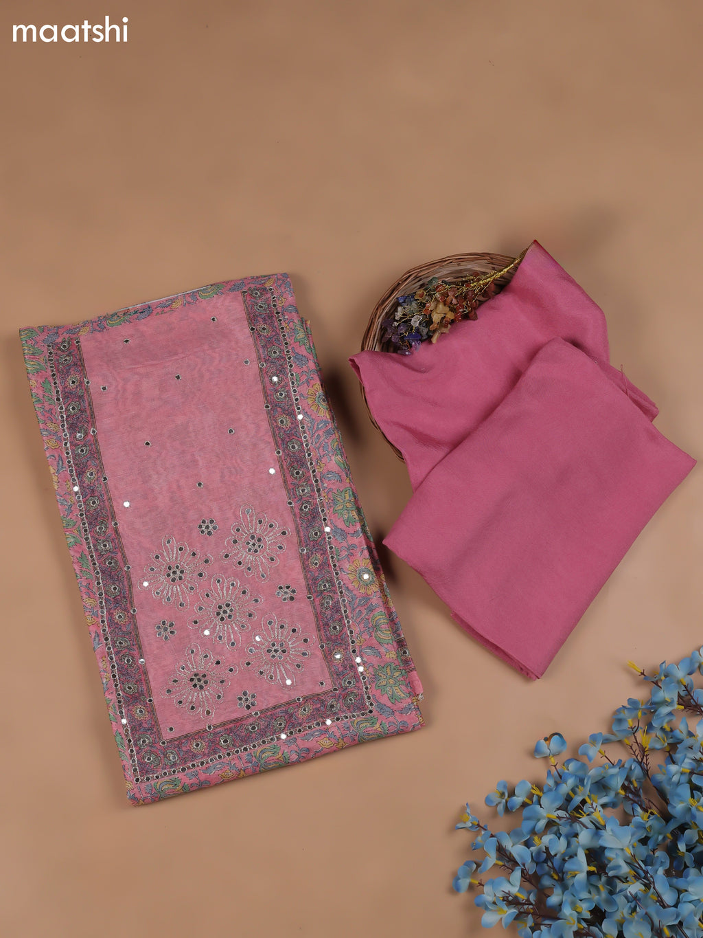 Pink Chanderi Dress Material With Floral Prints & Pitta Work Neck Pattern and Bottom & Dupatta