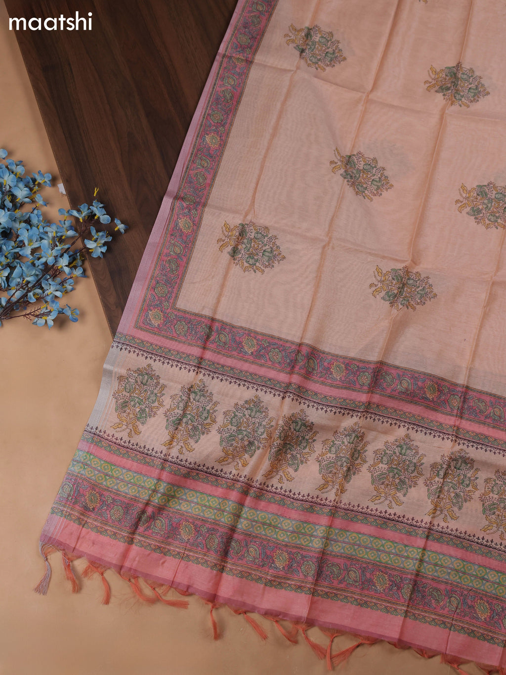 Pink Chanderi Dress Material With Floral Prints & Pitta Work Neck Pattern and Bottom & Dupatta
