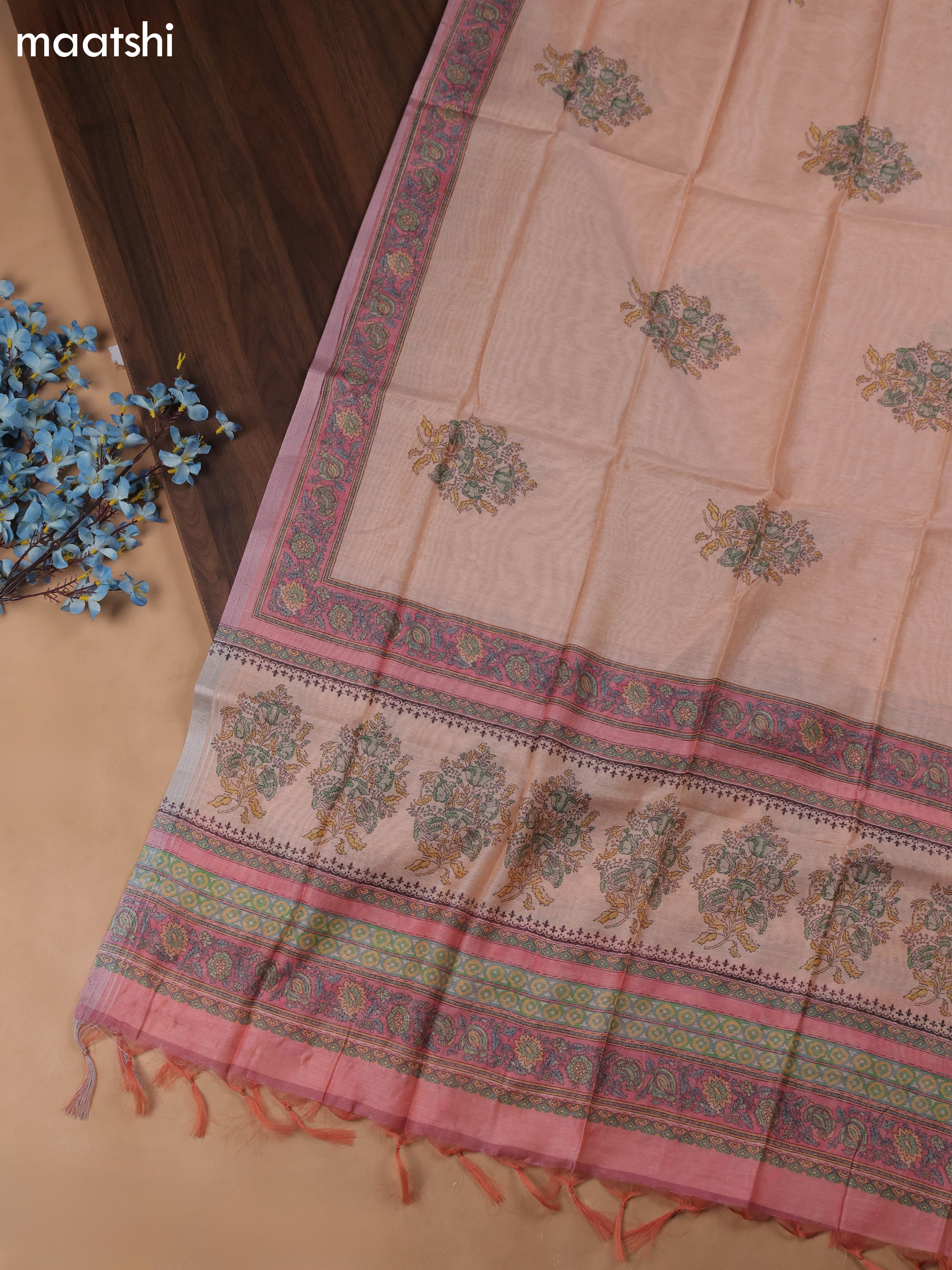 Pink Chanderi Dress Material With Floral Prints & Pitta Work Neck Pattern and Bottom & Dupatta