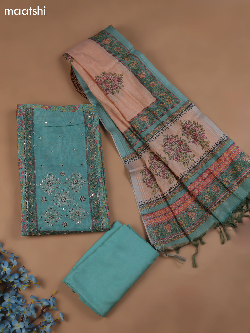 Blue Chanderi Dress Material With Floral Prints & Pitta Work Neck Pattern and Bottom & Dupatta
