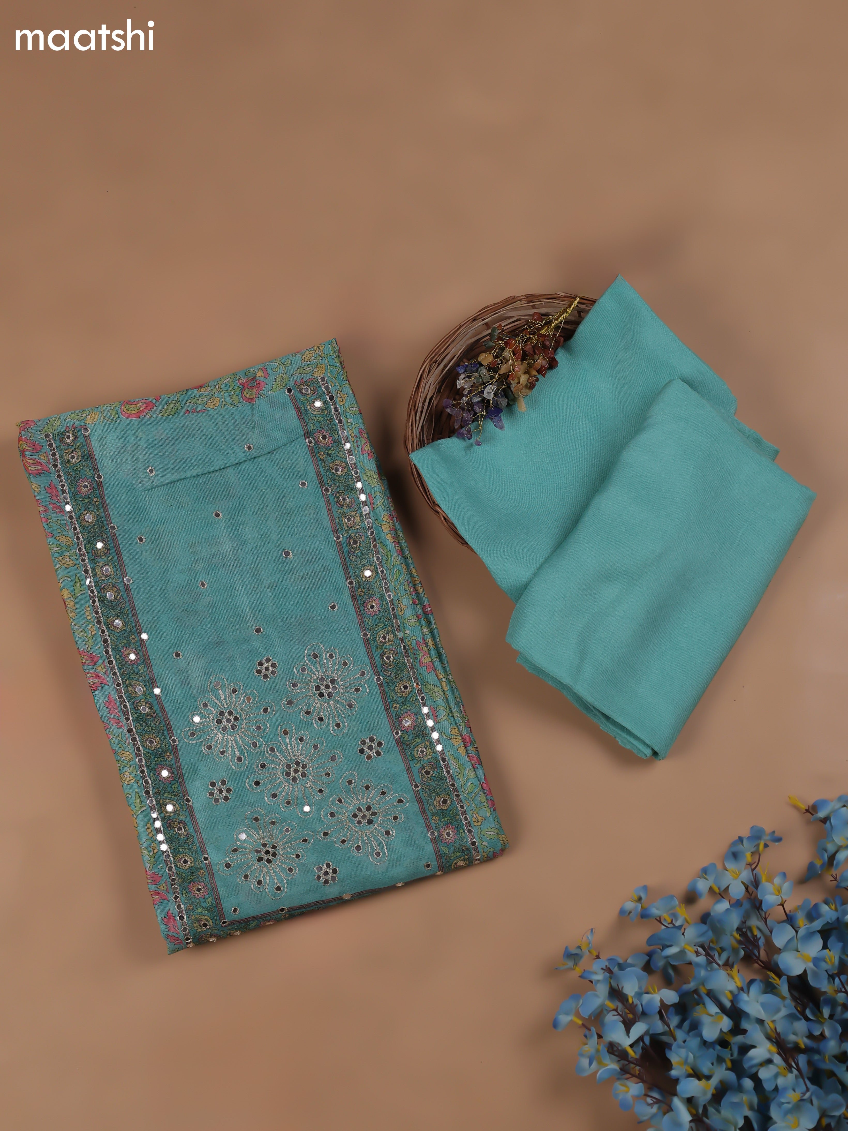 Blue Chanderi Dress Material With Floral Prints & Pitta Work Neck Pattern and Bottom & Dupatta