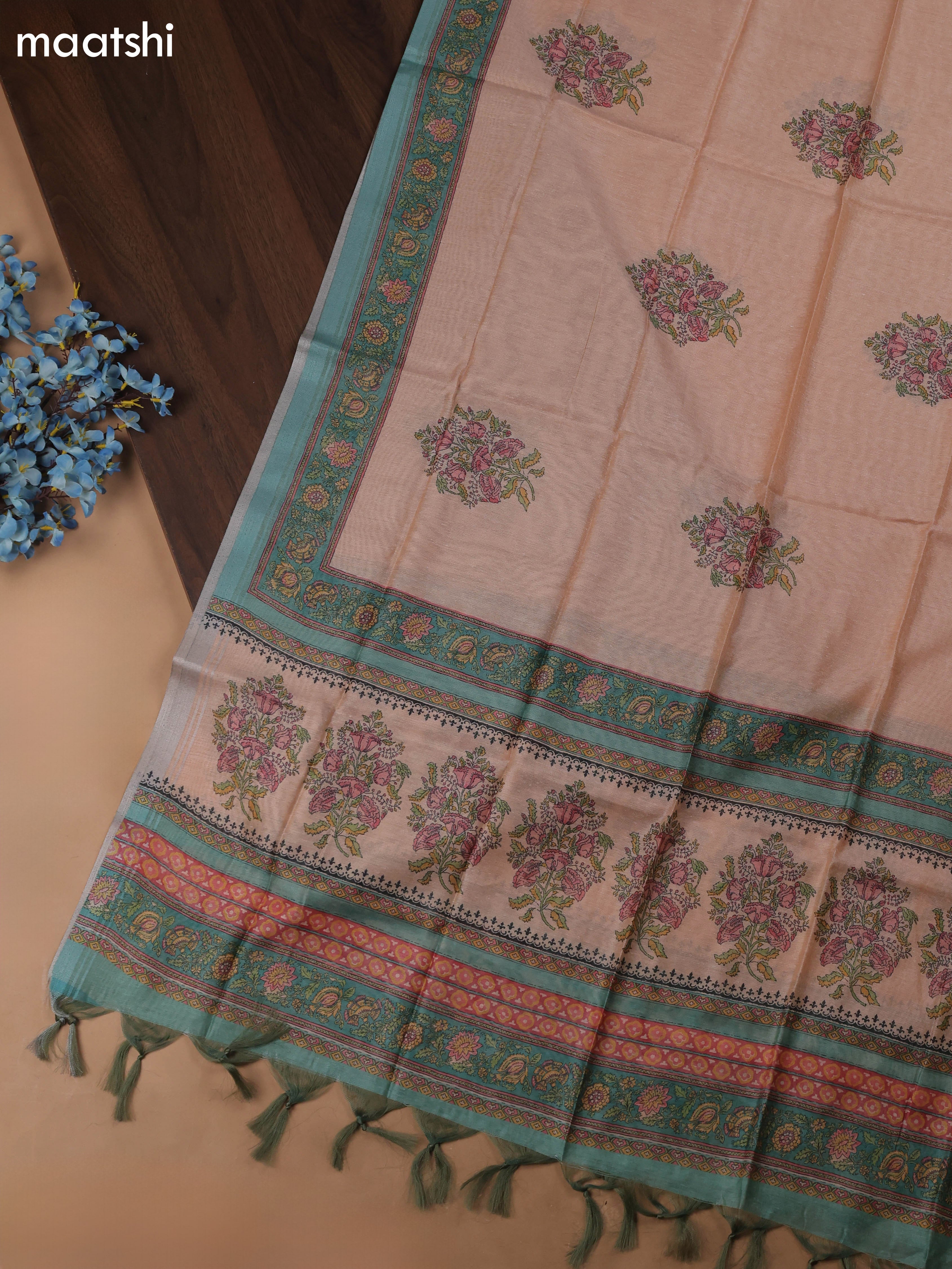 Blue Chanderi Dress Material With Floral Prints & Pitta Work Neck Pattern and Bottom & Dupatta