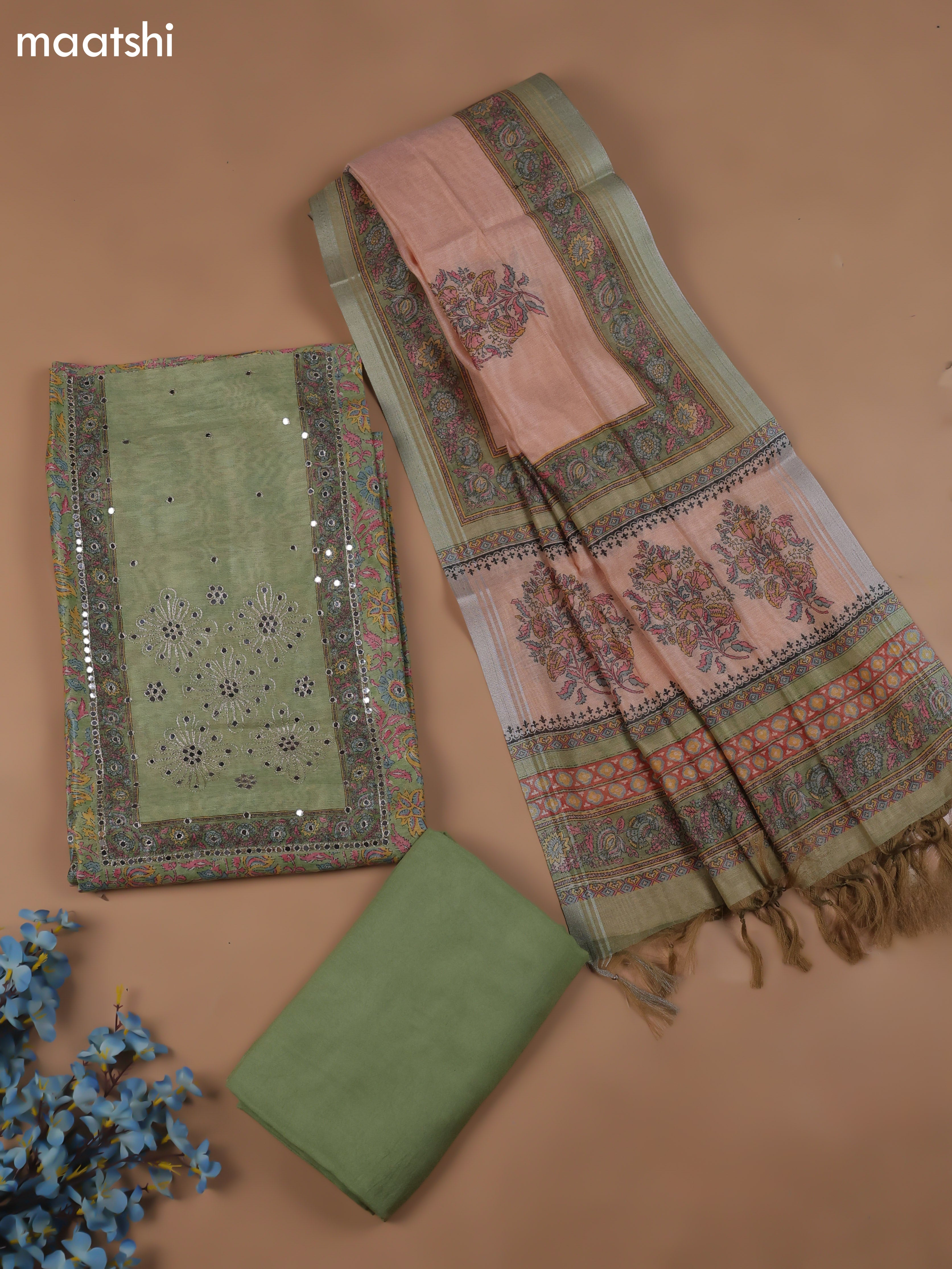 Green Chanderi Dress Material With Floral Prints & Pitta Work Neck Pattern and Bottom & Dupatta