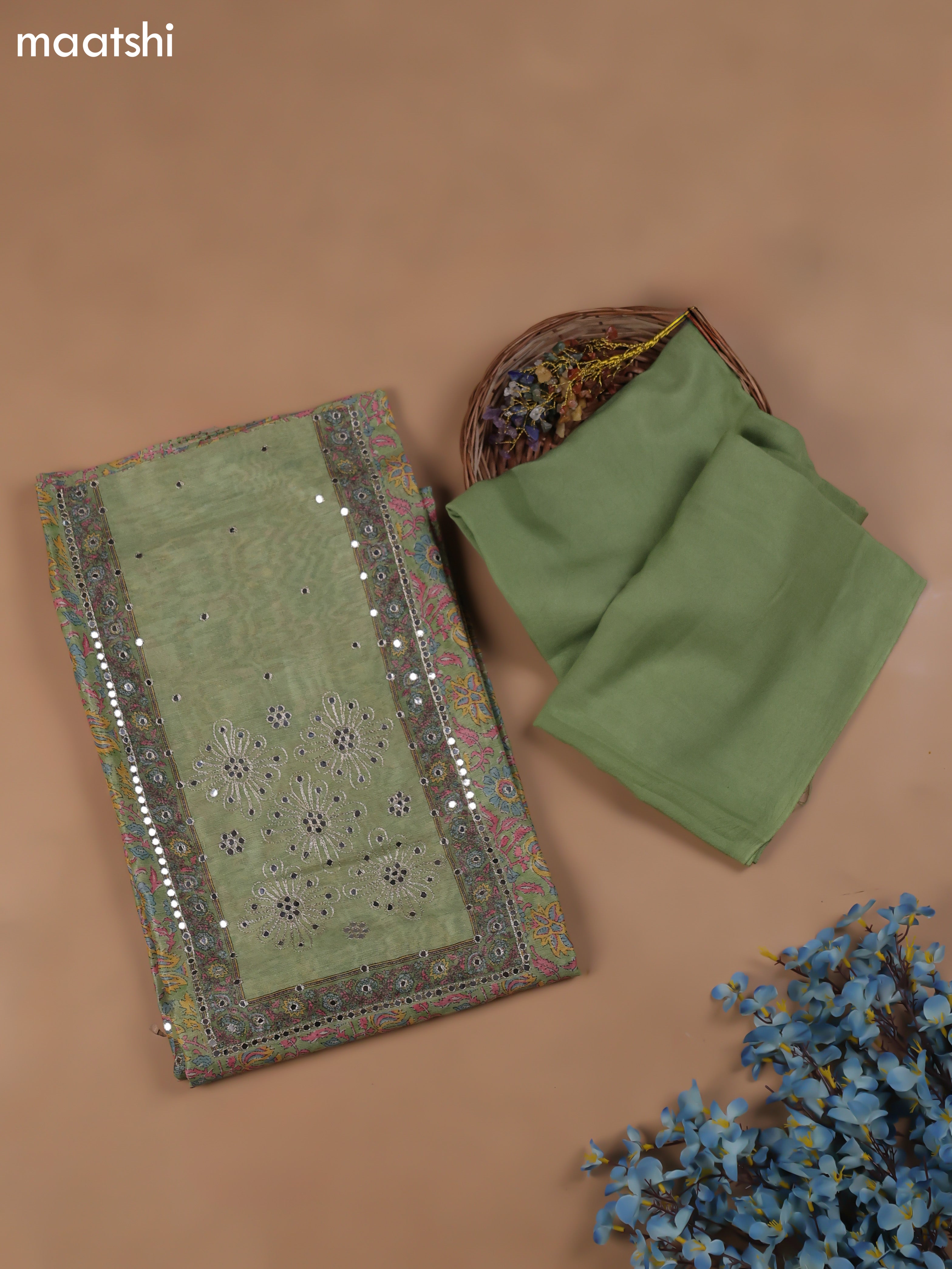 Green Chanderi Dress Material With Floral Prints & Pitta Work Neck Pattern and Bottom & Dupatta
