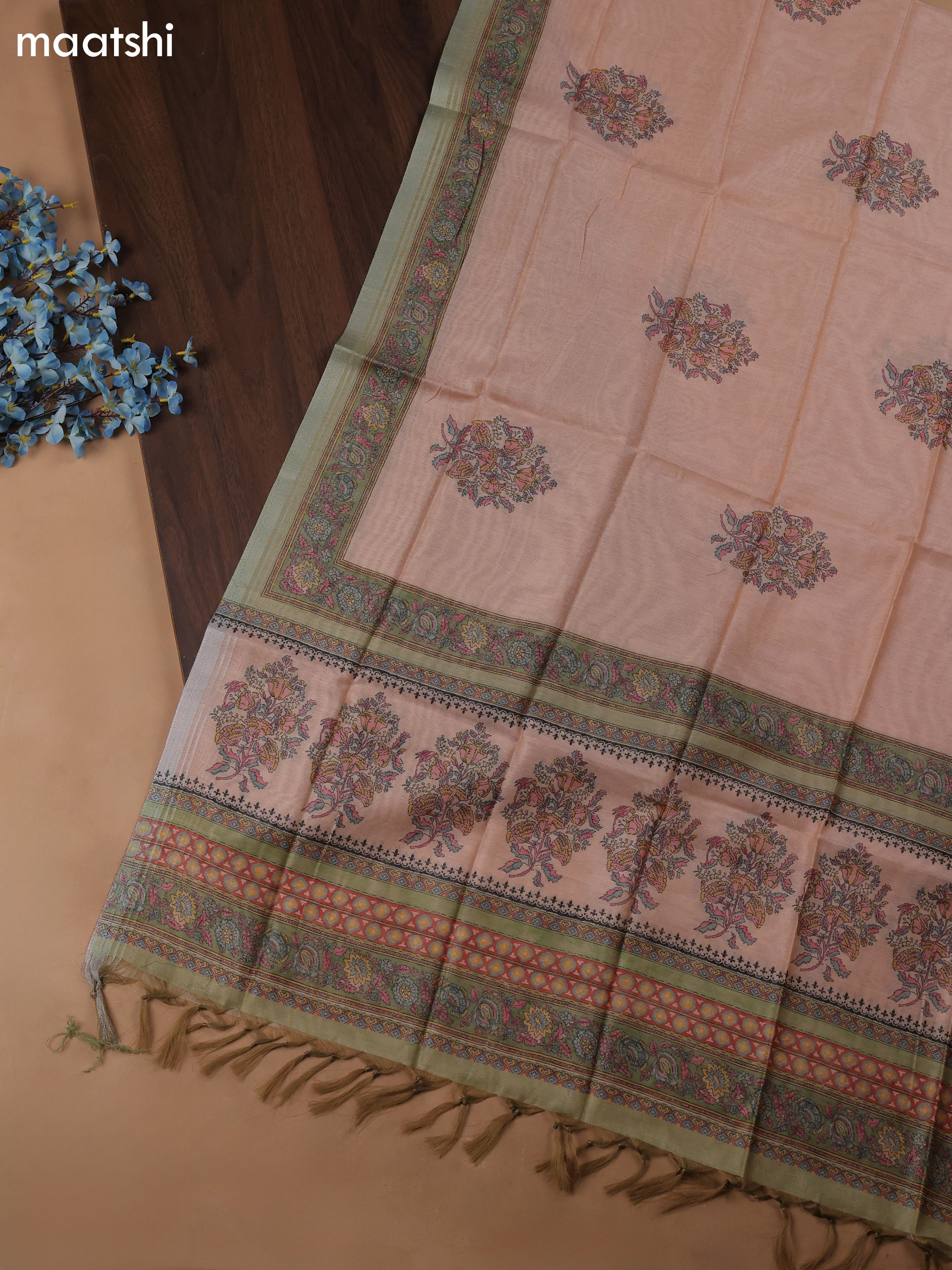 Green Chanderi Dress Material With Floral Prints & Pitta Work Neck Pattern and Bottom & Dupatta