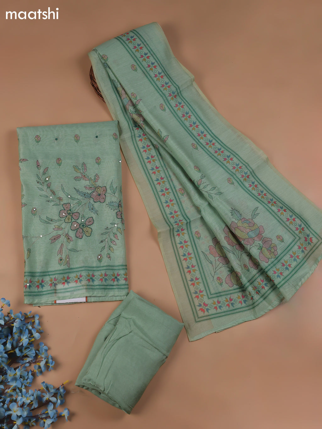 Green Chanderi Dress Material With Madhubani Prints & Pitta Work Neck Pattern and Bottom & Dupatta
