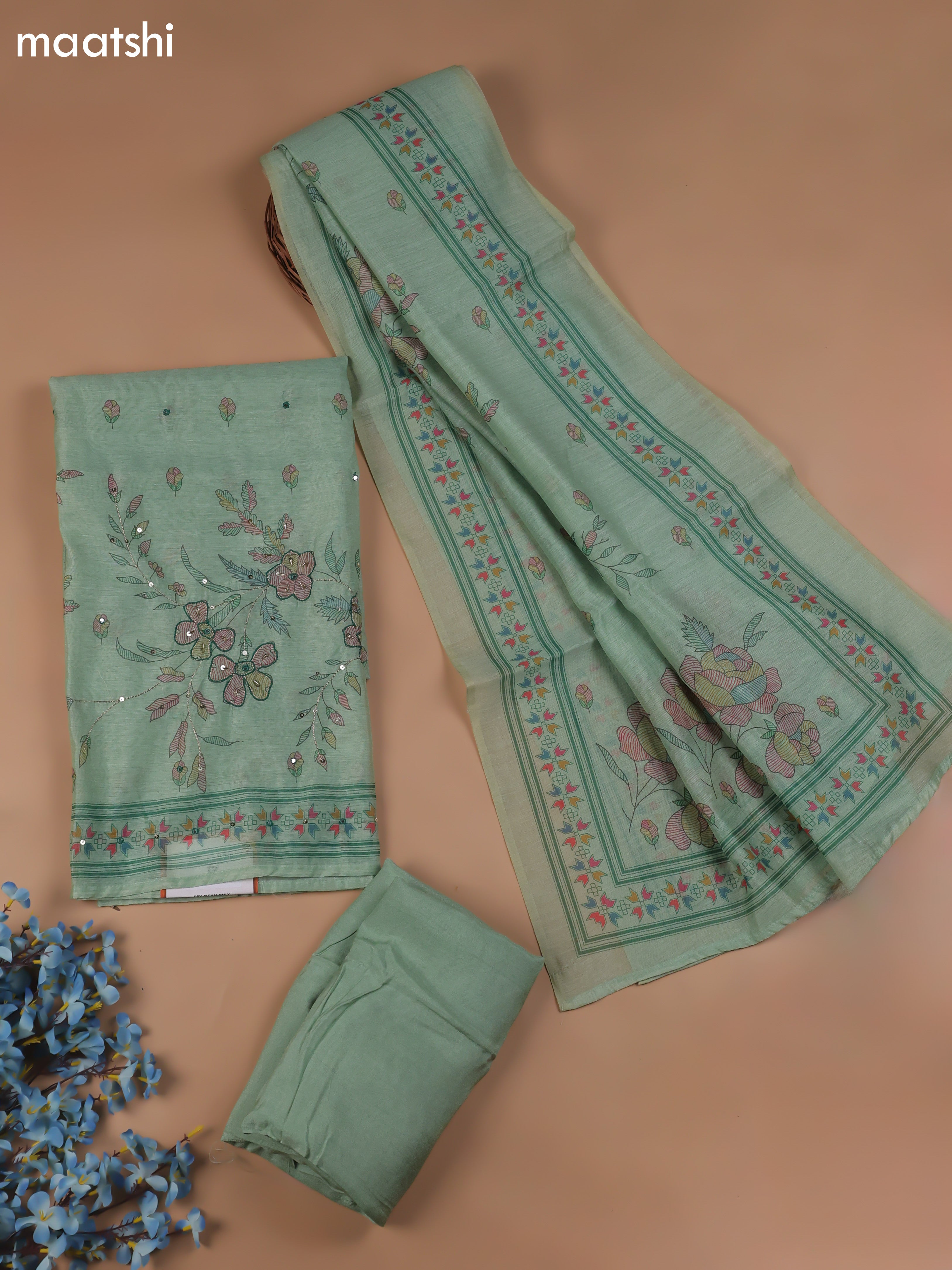 Green Chanderi Dress Material With Madhubani Prints & Pitta Work Neck Pattern and Bottom & Dupatta