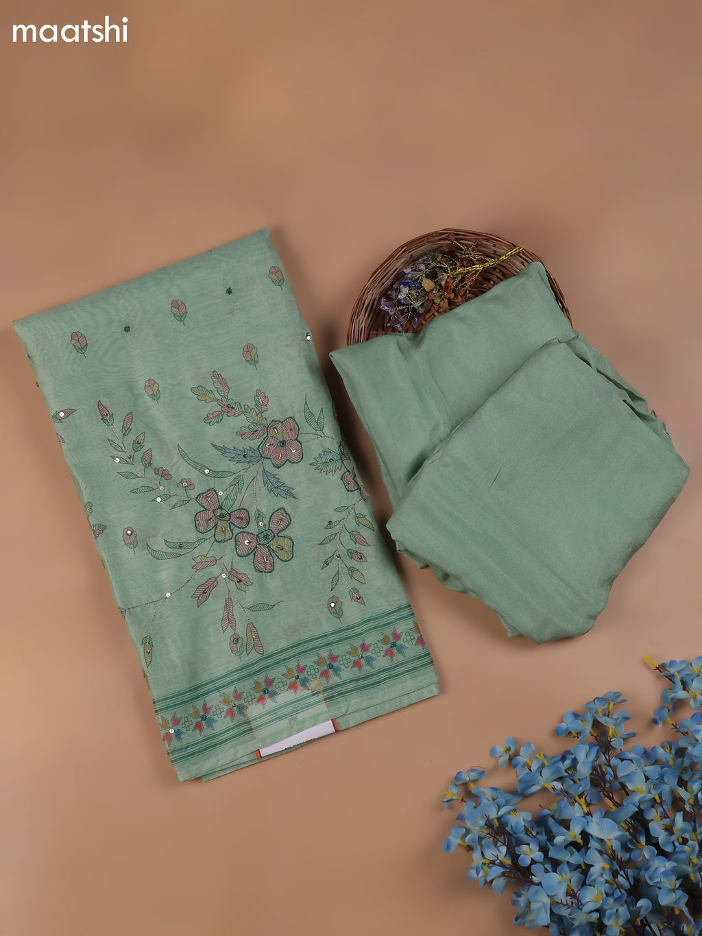 Green Chanderi Dress Material With Madhubani Prints & Pitta Work Neck Pattern and Bottom & Dupatta