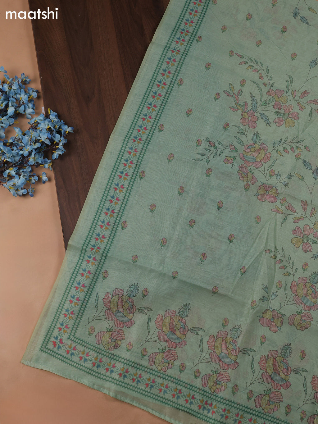 Green Chanderi Dress Material With Madhubani Prints & Pitta Work Neck Pattern and Bottom & Dupatta