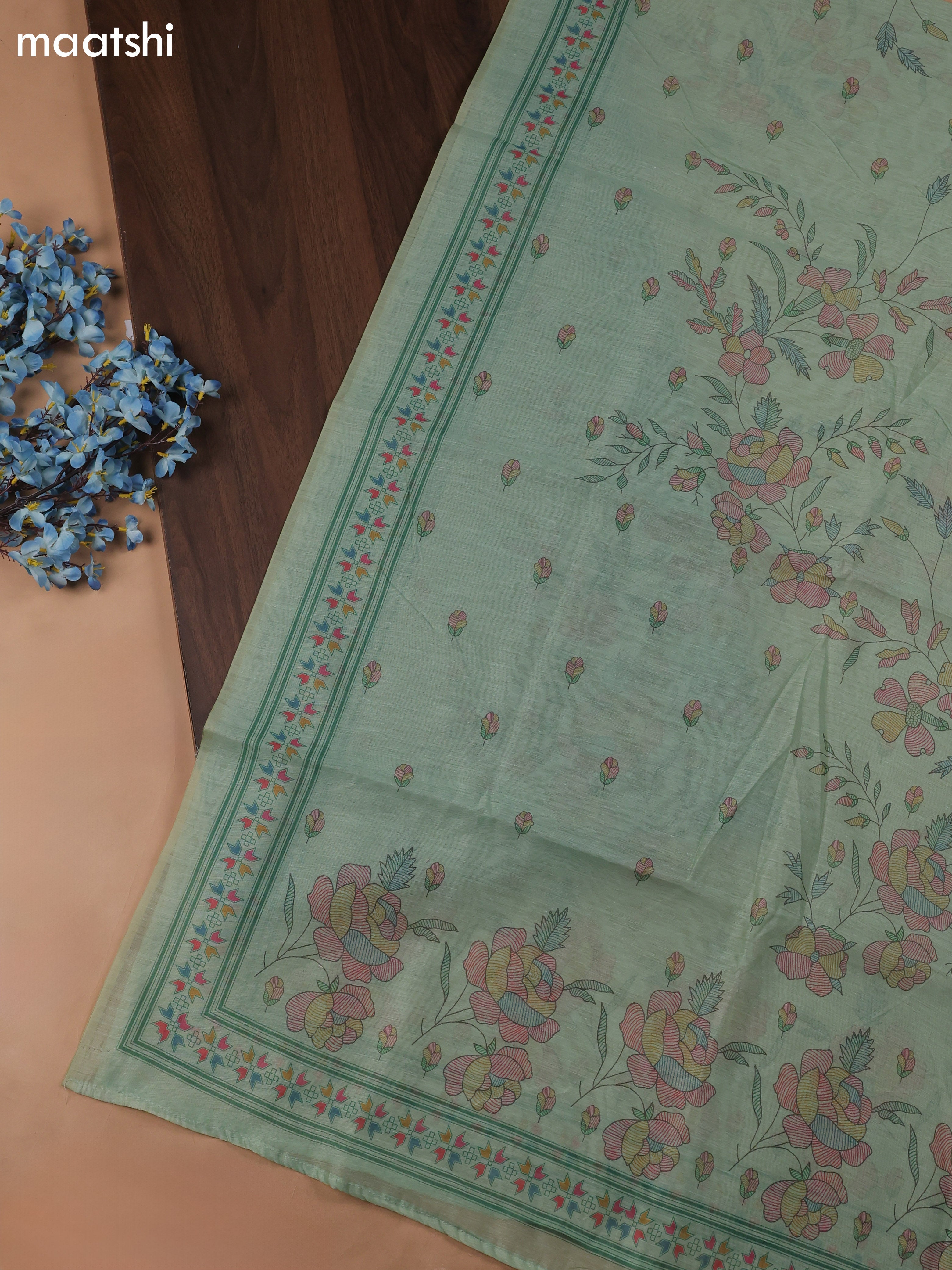 Green Chanderi Dress Material With Madhubani Prints & Pitta Work Neck Pattern and Bottom & Dupatta